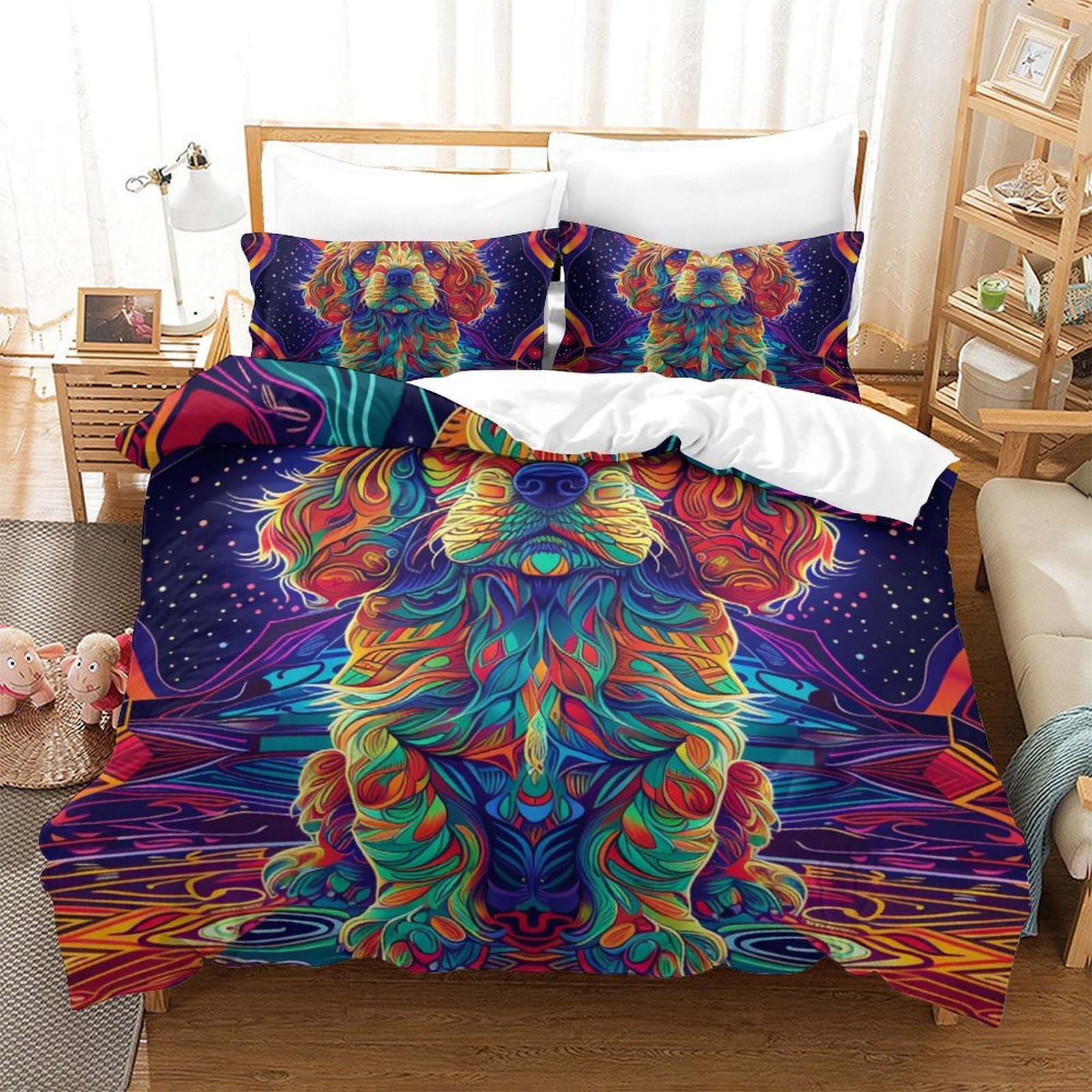 Housse de couette caniche 3D lit 2 personnes 220x240 avec taie d'oreiller chambre adulte