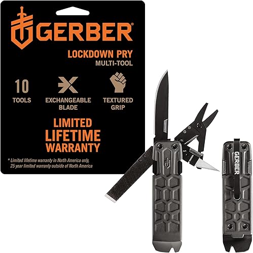 Gerber Gear - Cuchillo de bolsillo multiherramienta Lockdown Pry 10 en 1 con barra de palanca para supervivencia, caza y pesca, regalos para hombres