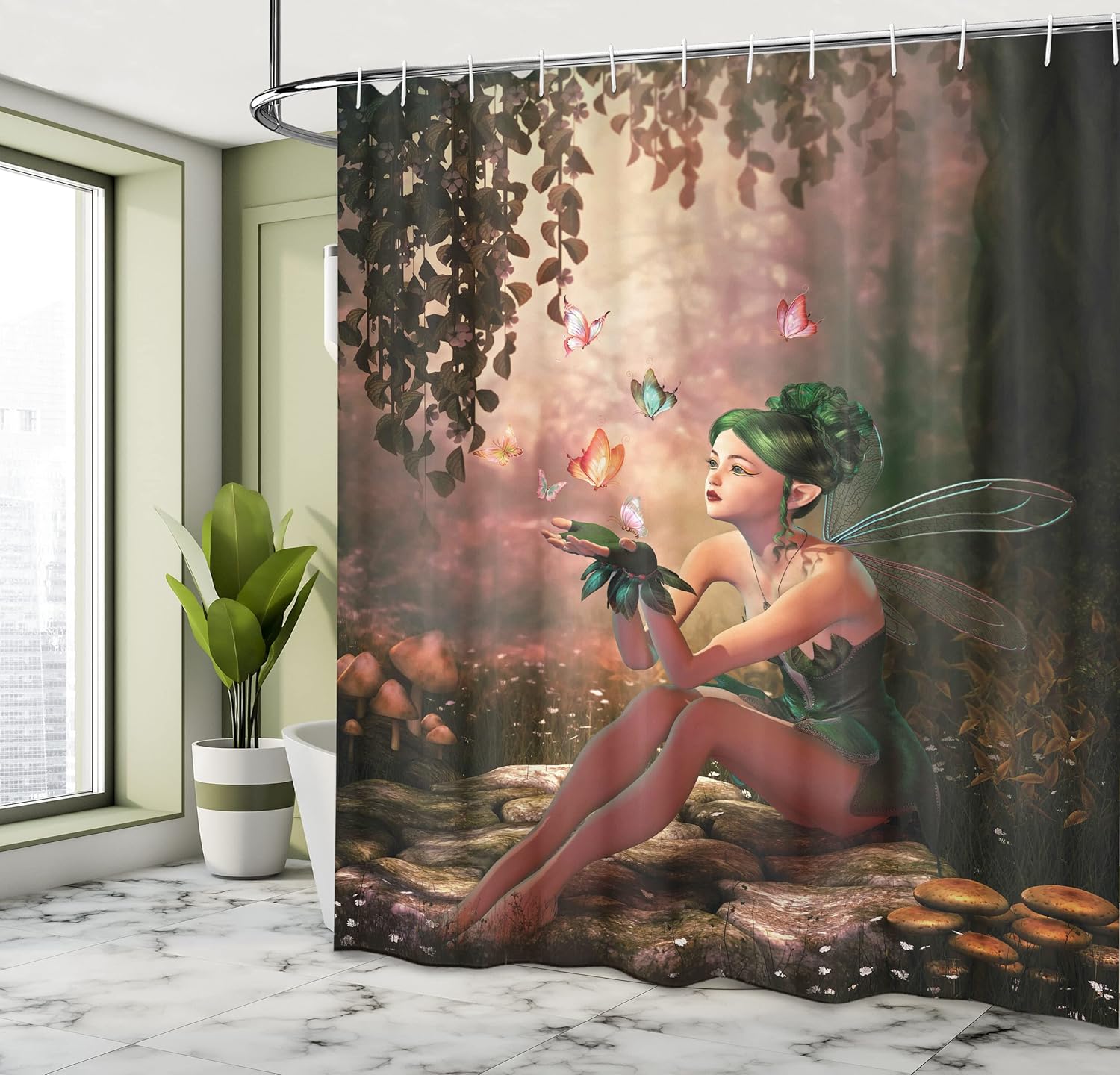 Ambesonne Tale Shower Curtain, Girl Wings and Butterflies Digital Composition Computer Graphics Elven Creature, Cloth Fabric Bathroom Decor Set with Hooks, 69" W x 84" L, Green Salmon