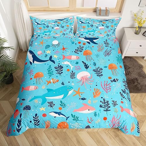 Miniatura 10 de Funda de edredón Kawaii con diseño de ballena arcoíris tamaño Queen, funda de edredón de ballena de dibujos animados para niños y niñas, bonito