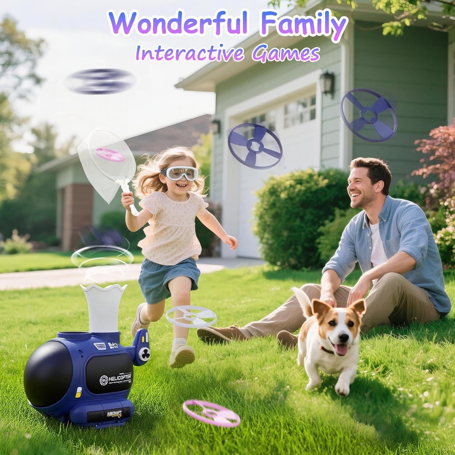 4-in-1 Music Jumping Toy Car,Dual Rotating Poles for Jumping & Dodging,Auto Flying Disc Launcher with Catching Net,Spinning Pole for Ring Toss,Kids outdoor toys,Games for Kids Boys and Girls (Blue)