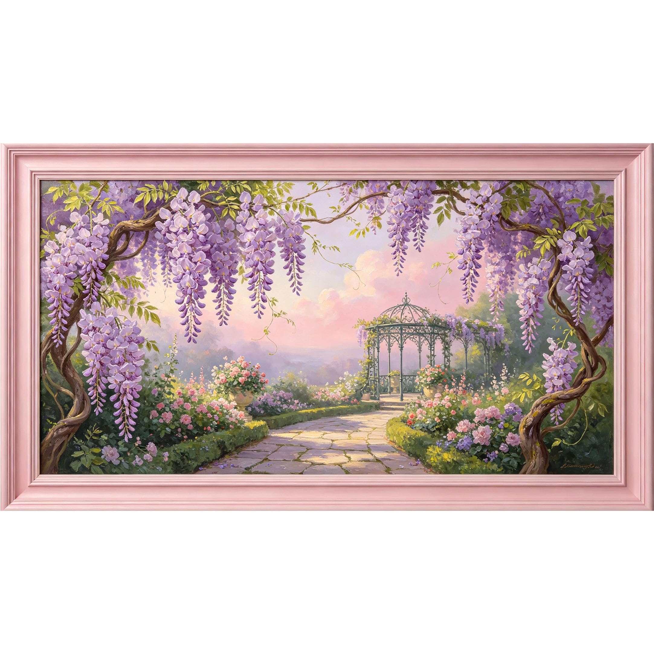 QZLITHOTIC 50×100cm 3D Framed Wall Art， Botanical Garden Wisteria Floral Pathway Self?Adhesive Mural， Water?Activated Peel & Stick Fabric Decor Wall Decal for Bedroom Living Room