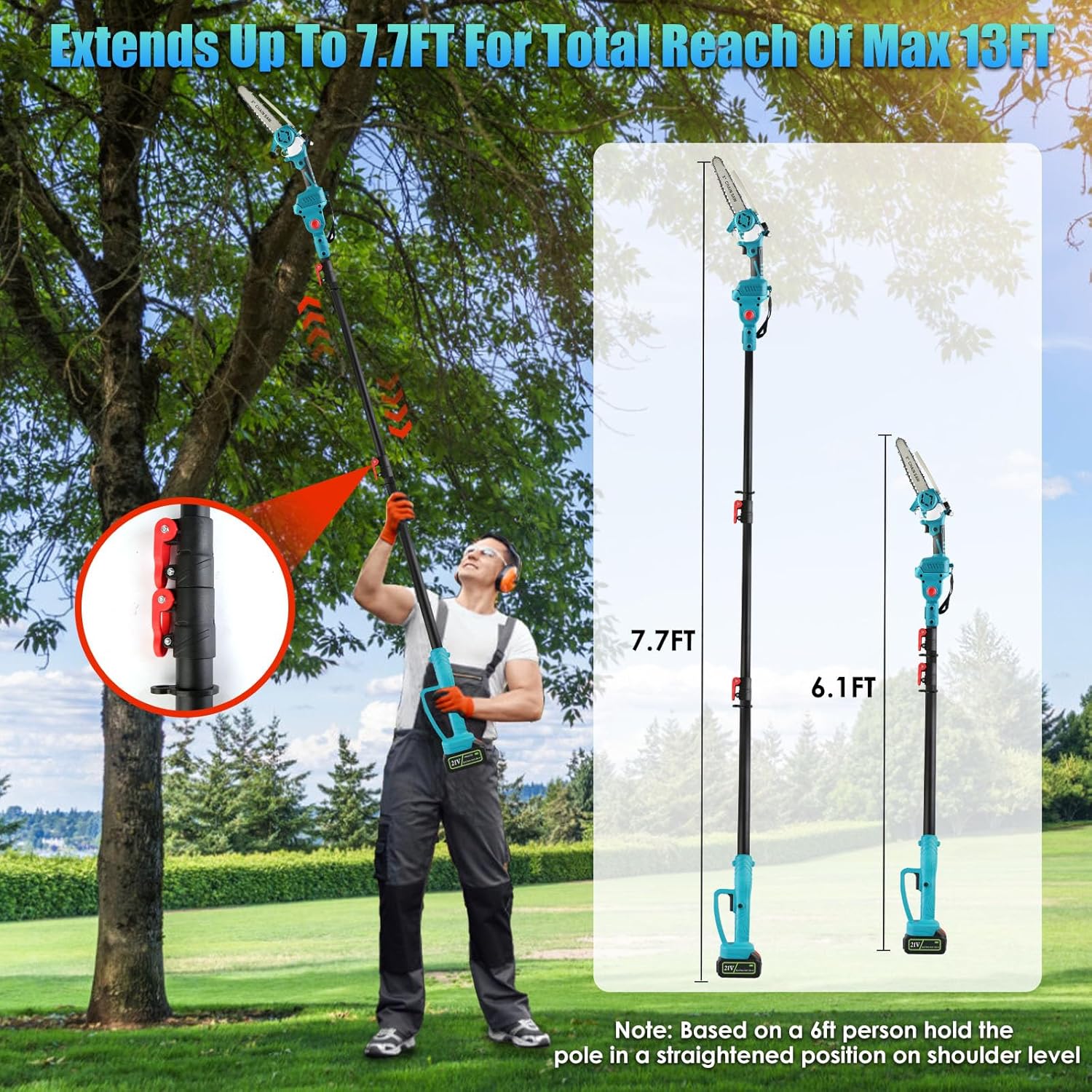 2-in-1 Cordless Pole Saw, 8 Inch Brushless Pole Chainsaws Mini Handheld Chainsaw with 2 Batteries, 13FT Reach Electric Polesaw with Auto Oiling for Tree Trimming (1500 mAh)