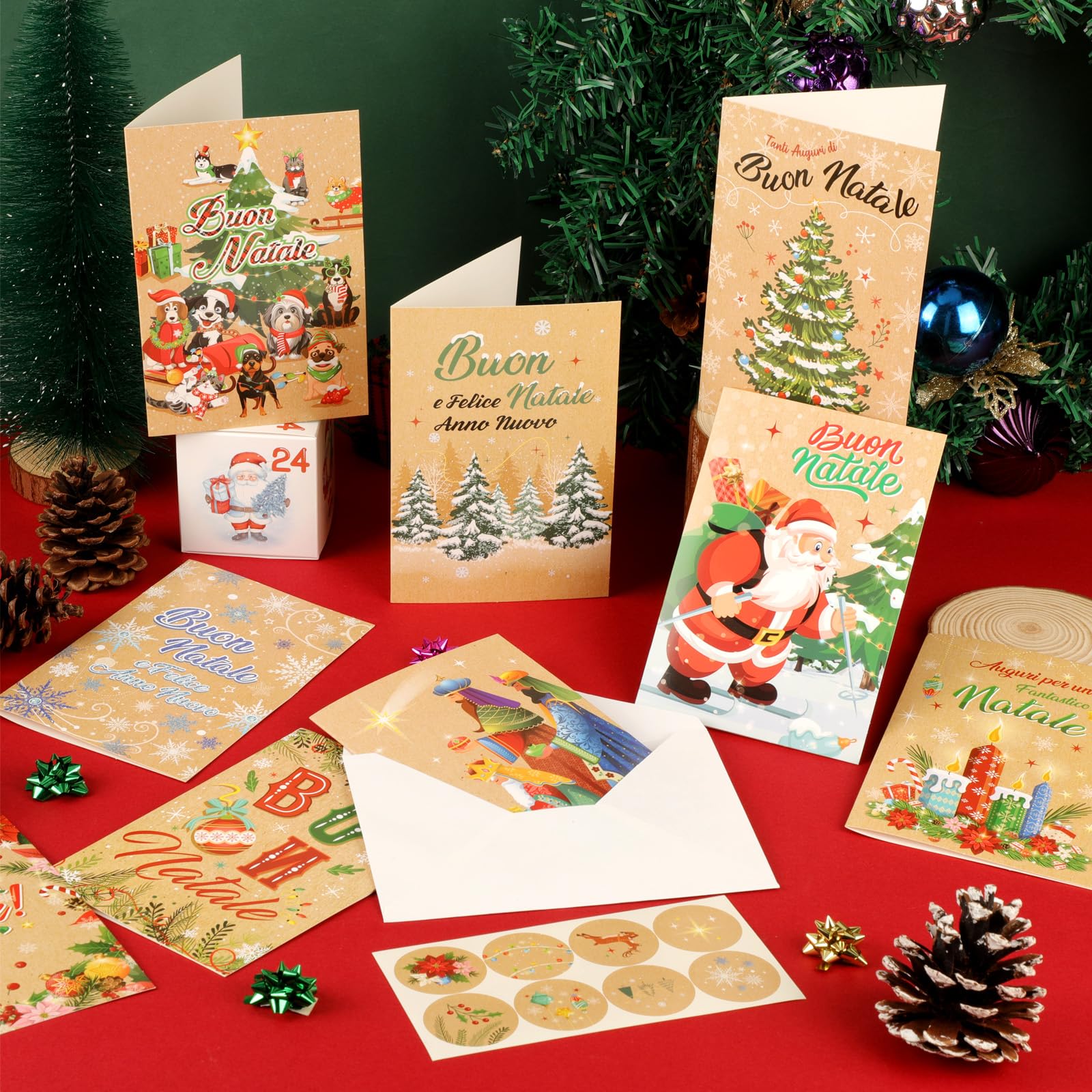 Whaline Confezione da 32 biglietti di auguri natalizi color nero bronzante con 32 buste bianche e 32 adesivi, biglietti di auguri di Natale con renna, albero di Natale, fiocchi di neve, per