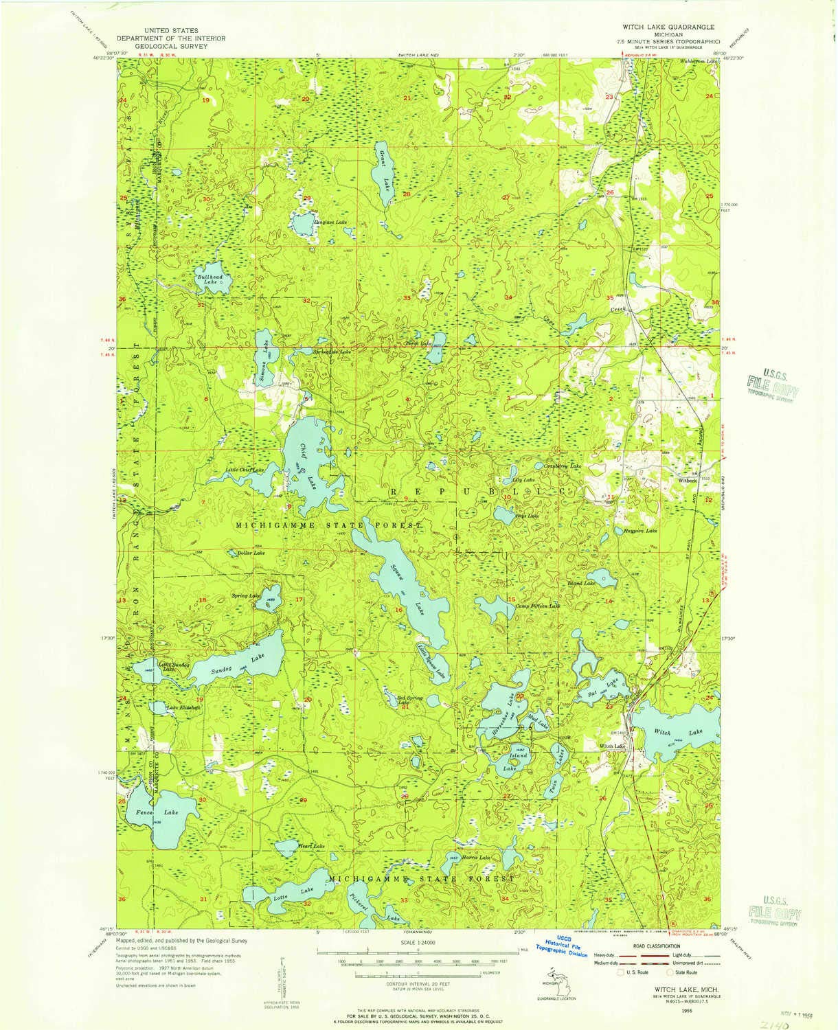 Witch Lake MI topo map, 1:24000 Scale, 7.5 X 7.5 Minute, Historical, 1955, Updated 1956, 27 x 21.9 in