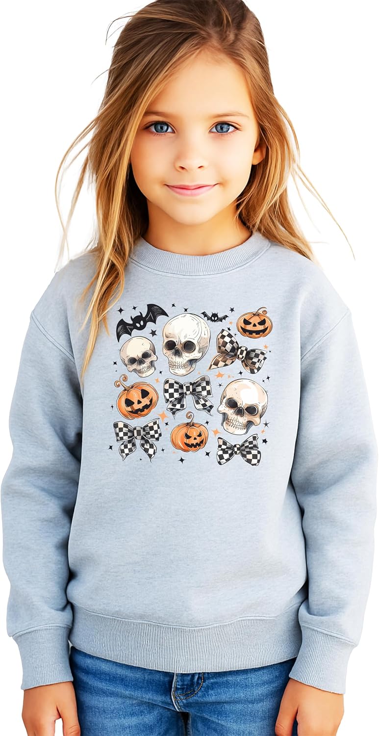 Olive Loves Apple Pumpkin, Skull and Checkered Bow Sweatshirt for Women, Teens & Youth Spooky Sweater