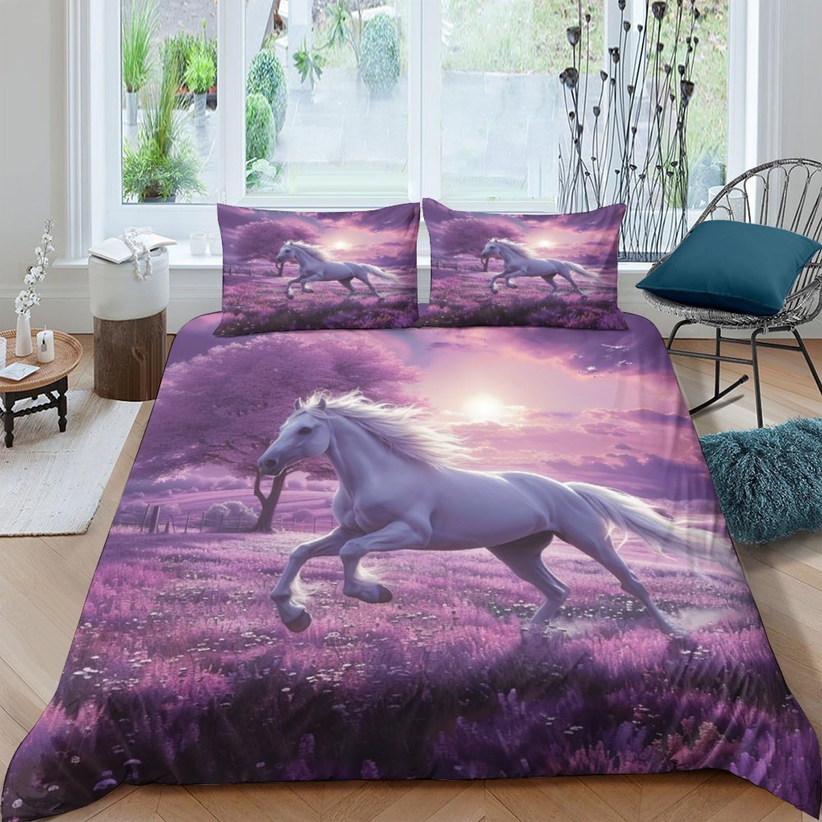 LKBASOEGD Horse Duvet Cover 3 PCS Hotel Quality Quilt Cover Bedding Bed Covers with Pillowcases with Zipper Closure Hypoallergenic Soft Breathable Microfiber Double（200x200cm）
