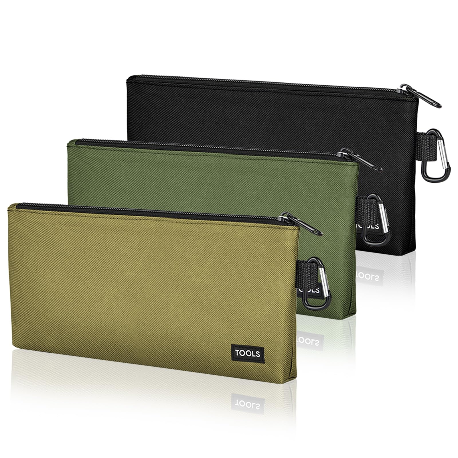 3 Pack Premium Tool Pouches Zipper Bag, Small Tools Bags with Carabiner, Heavy Duty Flat Bottom Utility Multipurpose Storage Organizer Bag for Tool,