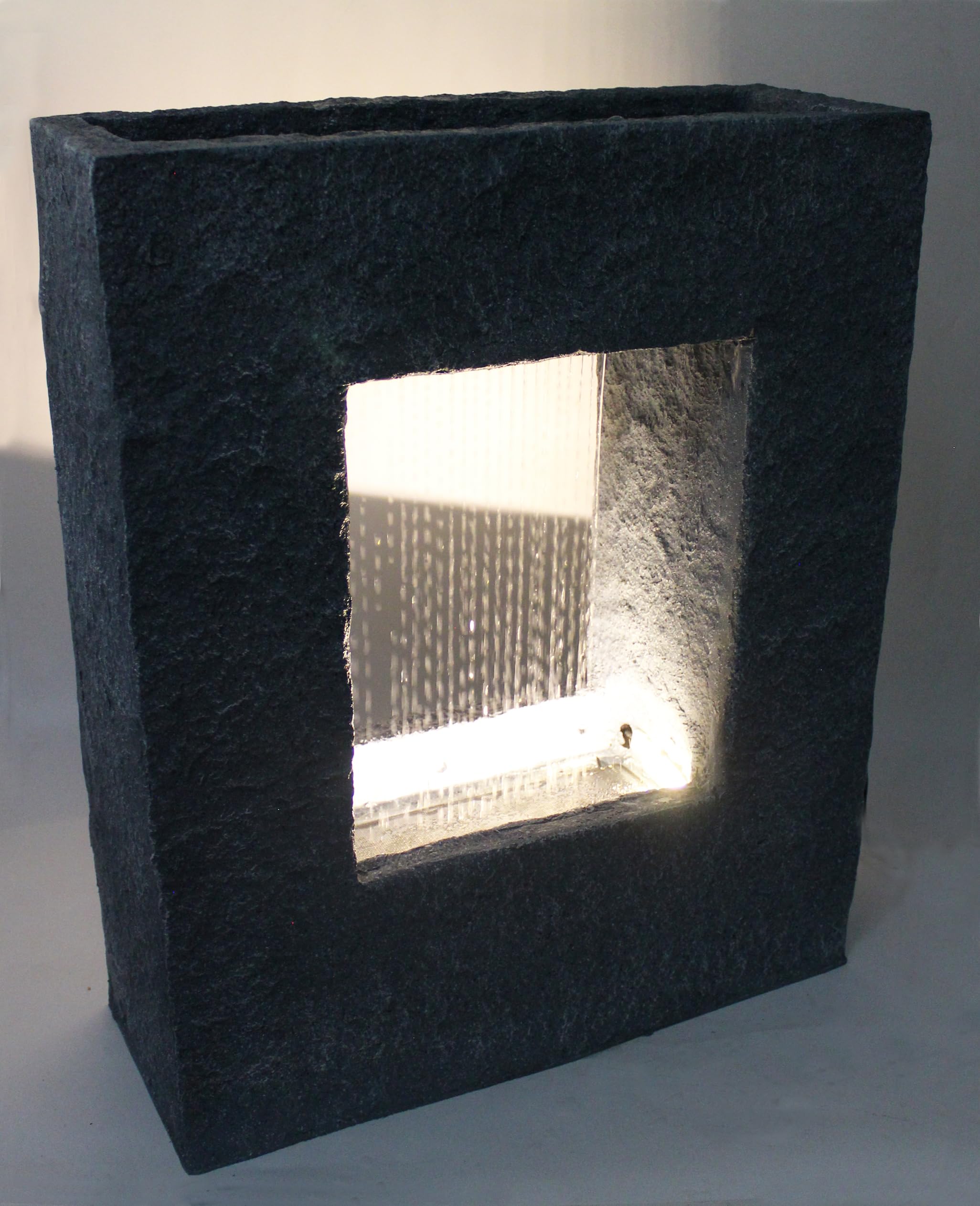 Fuente de jardín con iluminación LED 65x53 cm, fuente de habitación, fuente de piedra, cascada de agua, rectangular, blanco cálido, fuente de jardín, decoración de jardín