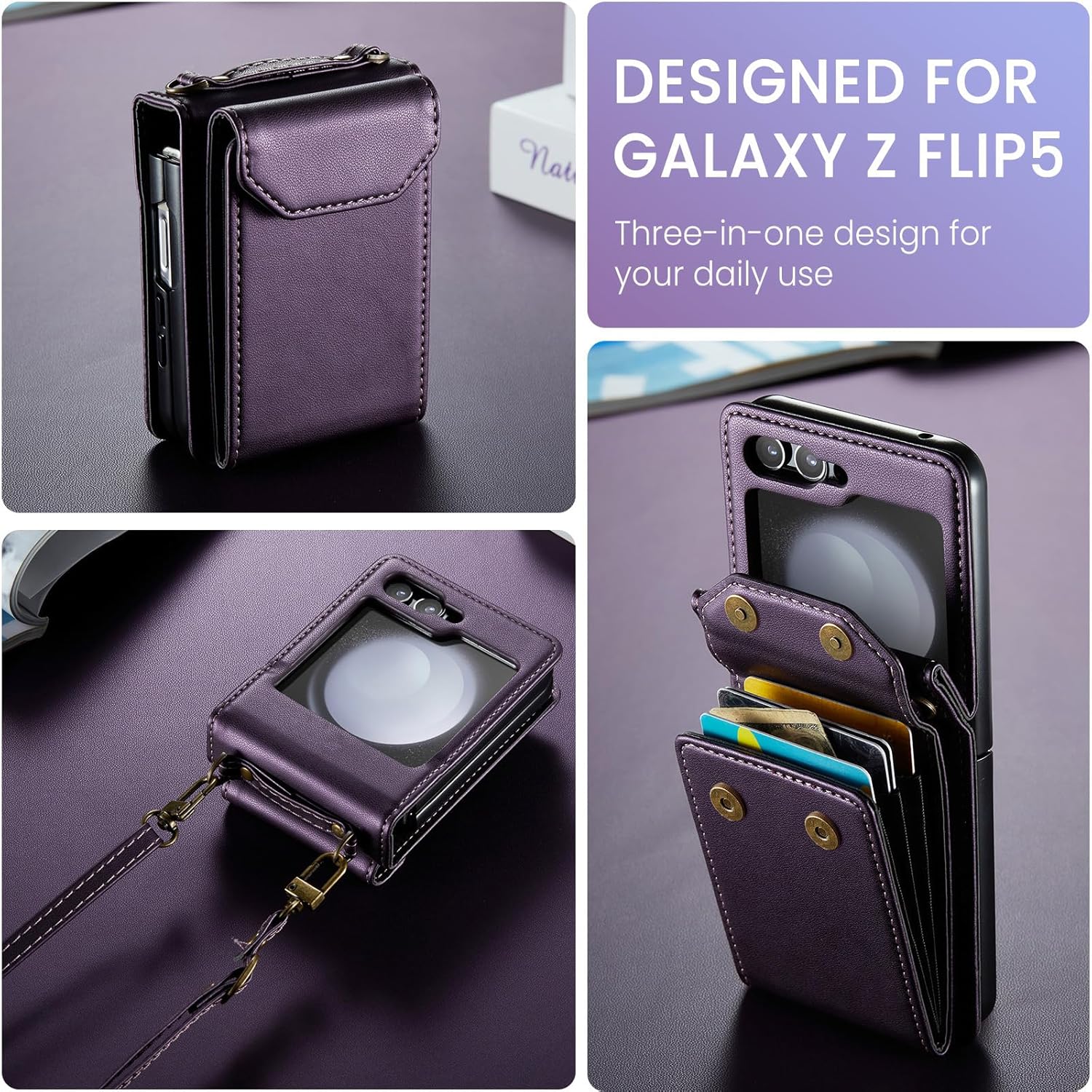 Phone Case for Samsung Galaxy Z Flip 6 5G/Z Flip7 FE Wallet Cell Cover with Wrist Lanyard Crossbody Strap RFID Blocking Stand Credit Card Holder Slot ZFlip6 Z6 G Flip6 ZFlip 6Z 7FE Women Men Purple