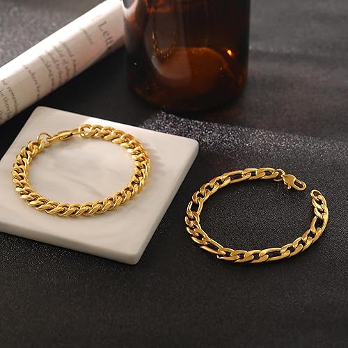 Miniatura 6 de Juego de 2 pulseras de acero inoxidable para hombre, chapado en oro de 14 quilates, eslabones cubanos de cuerda fígaro, juego de pulseras