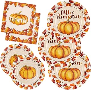 Homlouue 200 Pcs Little Pumpkin Plates and Napkins, Little Pumpkin Baby Shower Decorations, Fall Paper Plates and Napkins, Thanksgiving Plates and Napkins Sets, Disposable Plates Serves 50 Guests