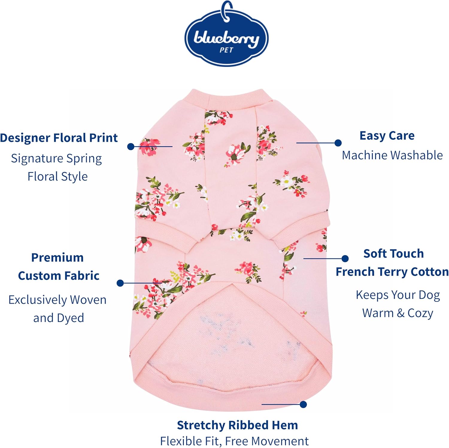 Blueberry Pet Floral Rose Print Pullover Sweatshirt for Dogs, 22 inch Back Length, Lightweight Spring Outfit in Baby Pink