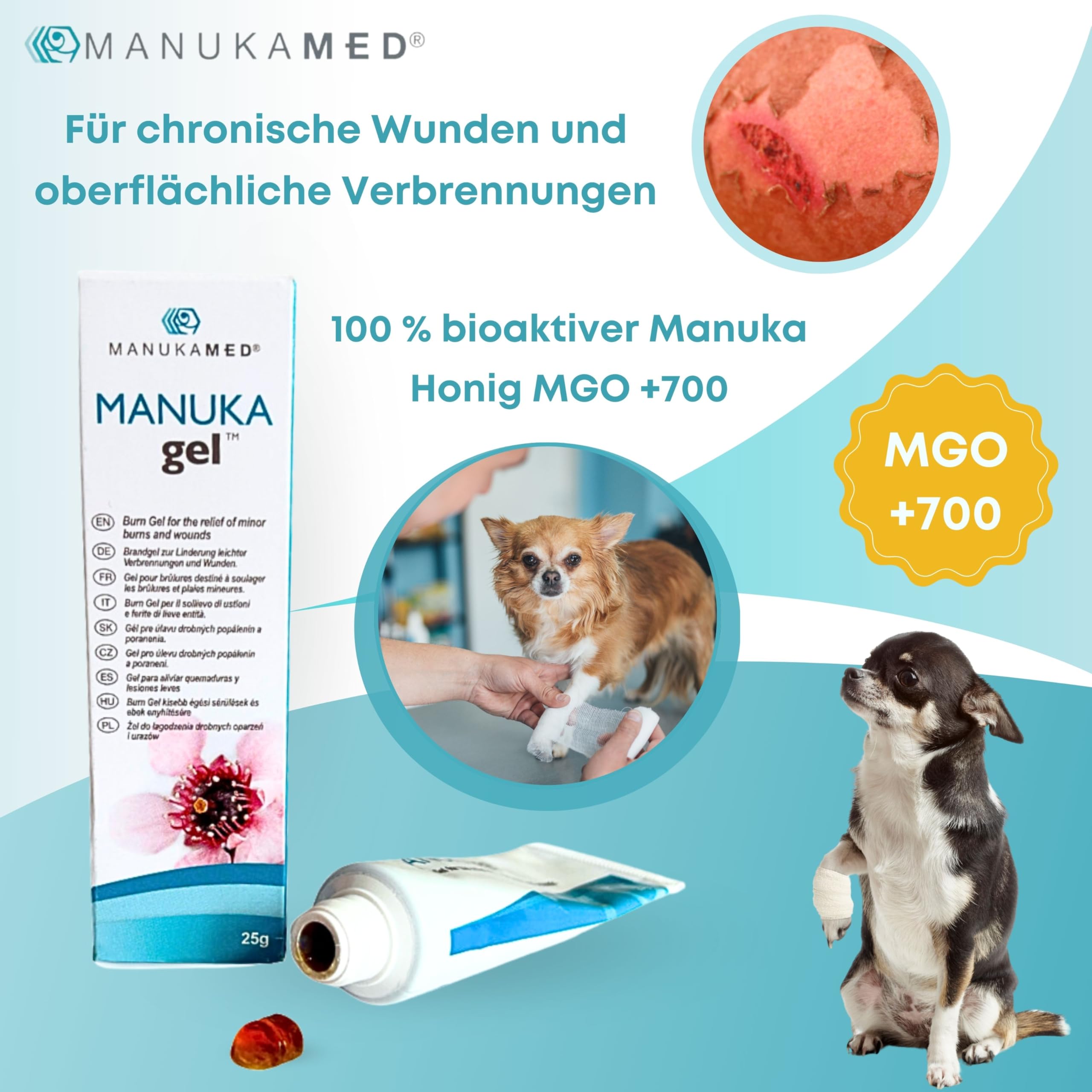ManukaMed Antibakterieller Manuka Gel, wundsalbe für Hund, Katze, Pferd, 100% Bioaktiv Manuka Honig MGO 560+ / 25 g