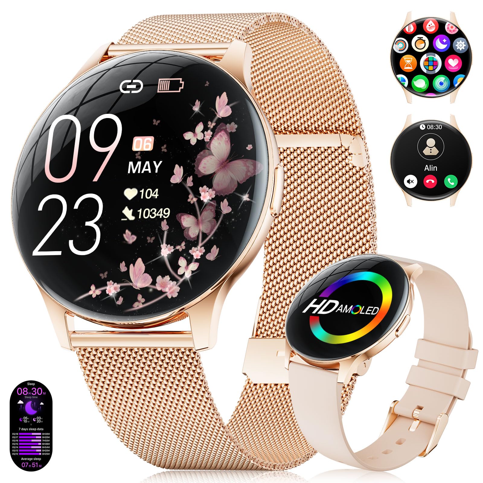 Women's Smart Watch 2020-8mm Ultra-Thin Elegant Fitness Watch with 1.43'' HD AMOLED Screen, Calls/IP68 Waterproof, 100+ Sport Modes, Women's Health for iOS Android, Rose Gold