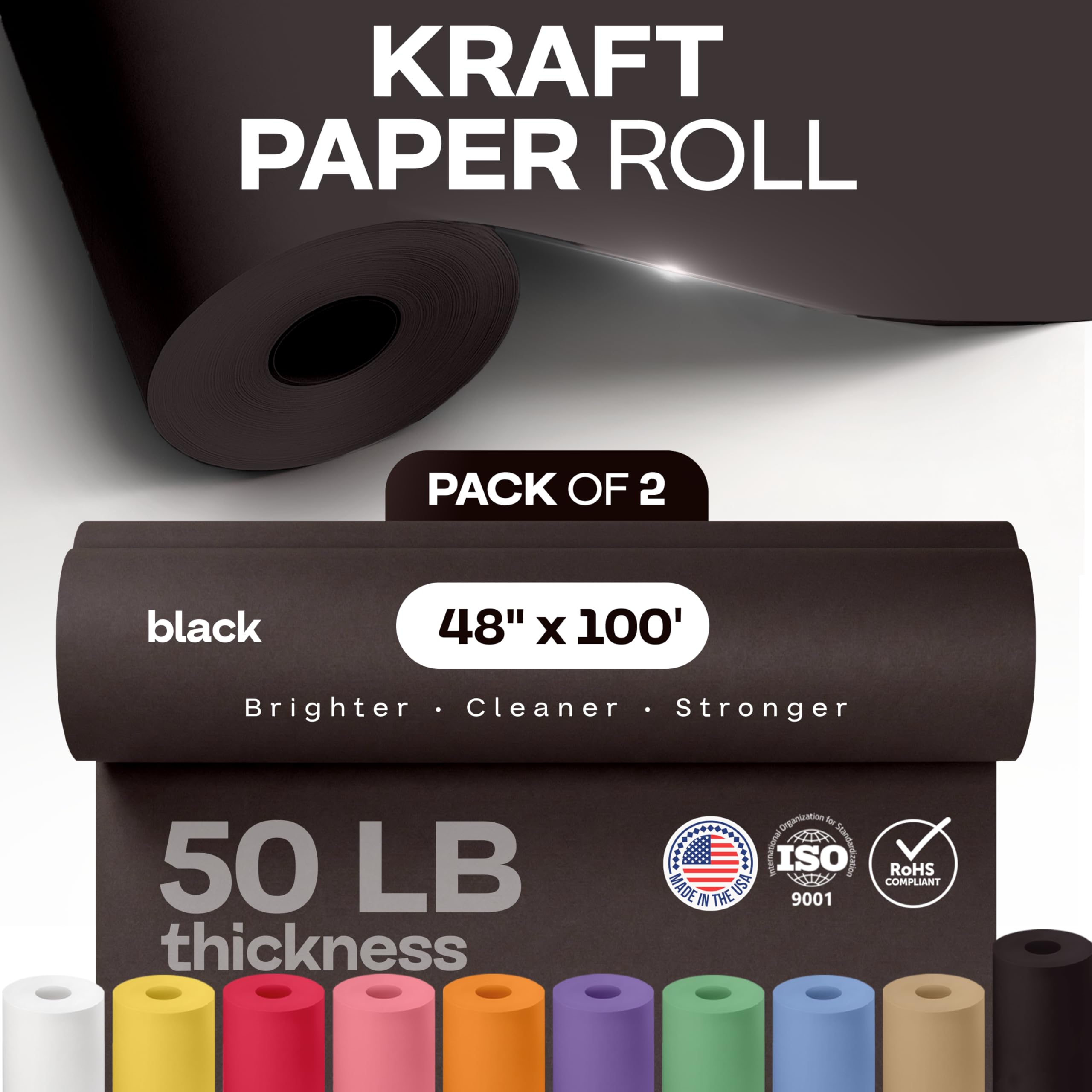 Lot de 2 rouleaux de papier kraft noir de 121,9 cm x 3048 cm (30,5 m) – Fabriqué aux États-Unis – 22,7 kg d'épaisseur pour emballage, expédition, travaux manuels et arts – 100 % recyclable IDL