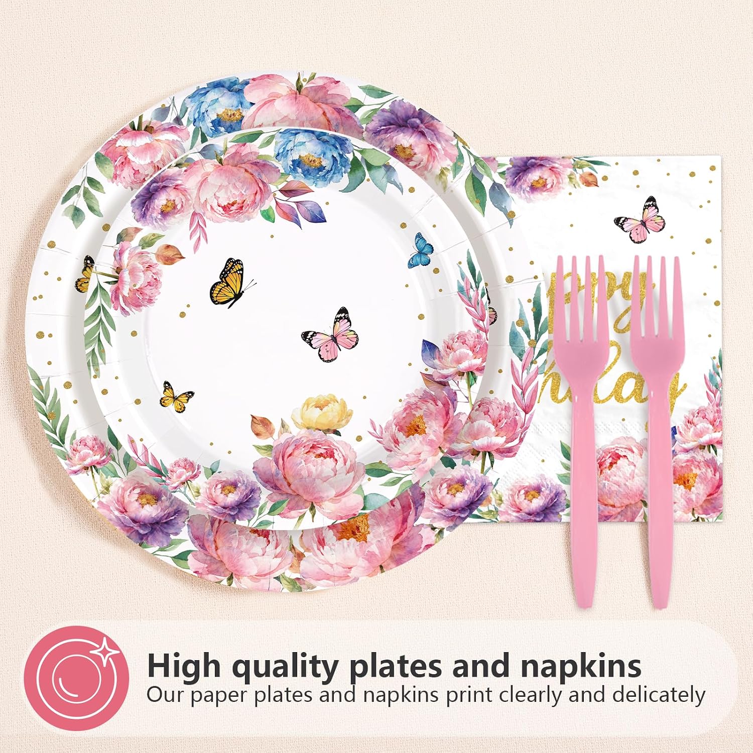 96Pcs Butterfly Floral Birthday Decorations Pink Rose Butterflies Plates and Napkins Pink Flowers Decoration for Girls Women Spring Birthday Baby Bridal Shower Garden Tea Party Supplies Serves 24