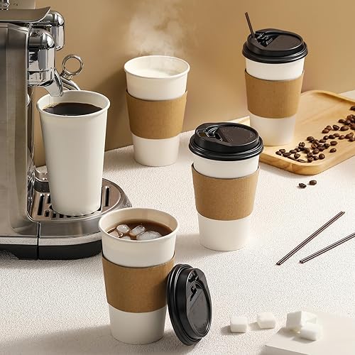 Miniatura 6 de AOZITA Tazas de café de 16 onzas con tapas, 120 juegos de vasos de papel con fundas y pajitas, vasos de papel desechables, tazas de café para