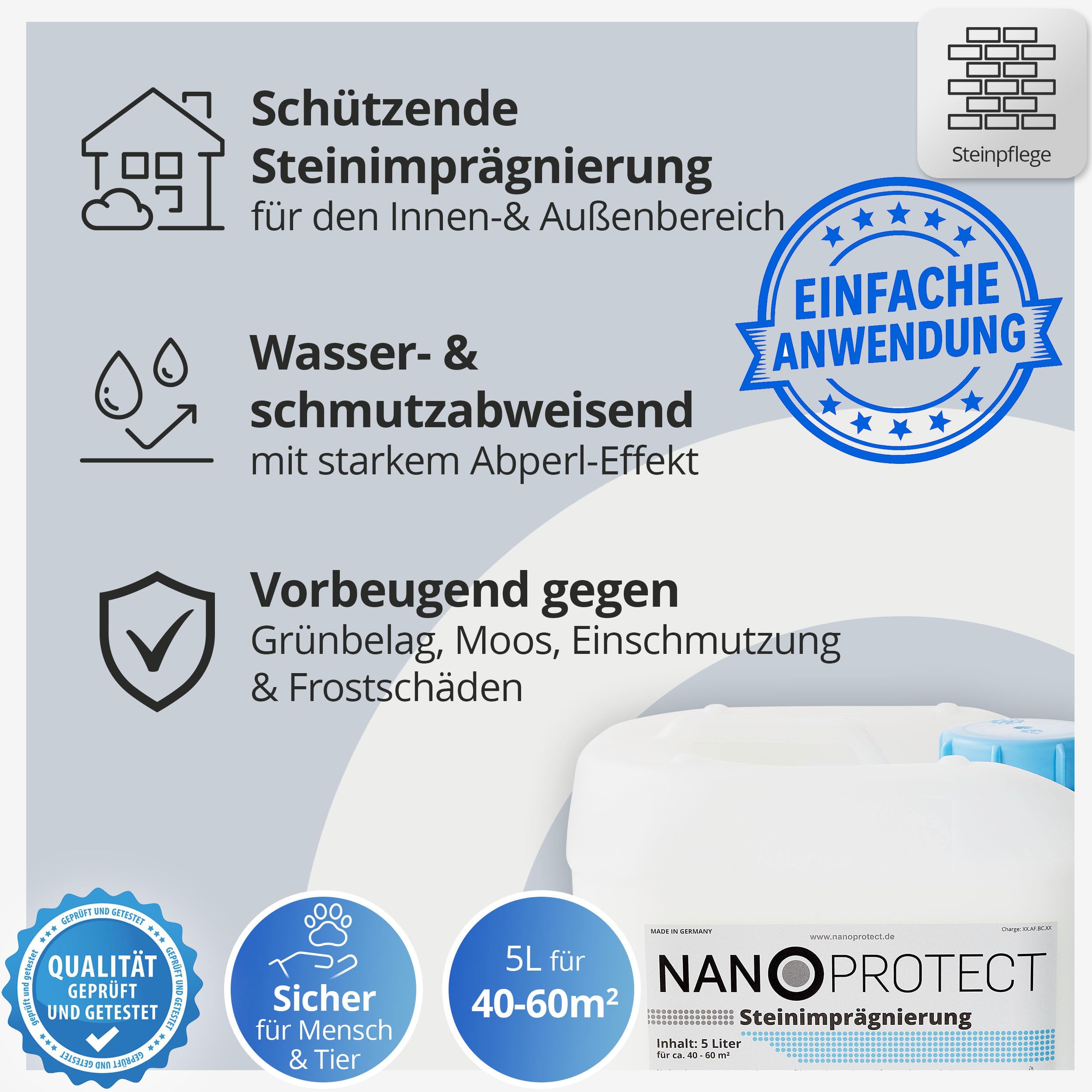 Nanoprotect Steinimprägnierung | 5 L für ca. 40 – 60 m² | Vorbeugend gegen Grünbelag und Einschmutzung | Ideal für Pflastersteine, Beton und Fassaden | Profi Qualität