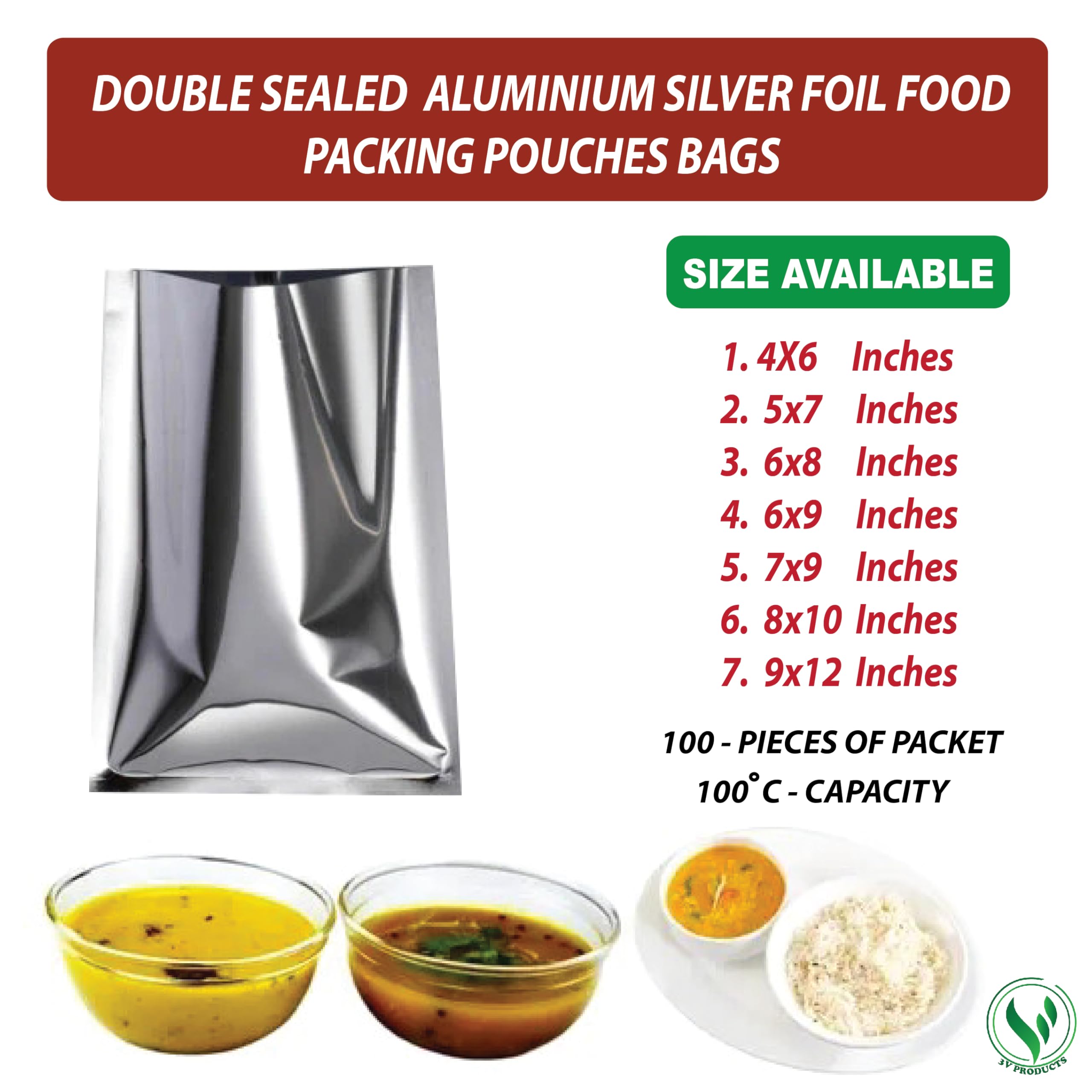 3V PRODUCTS Silver Foil Bag | Aluminium Pouches | Size "5X7" Inches | Packing Storage Pouches for Hot & Cool Foods | Multipurpose Packet for Tea, Coffee, Juice & Grocery Packing (Pack Of 100 Pcs) 4