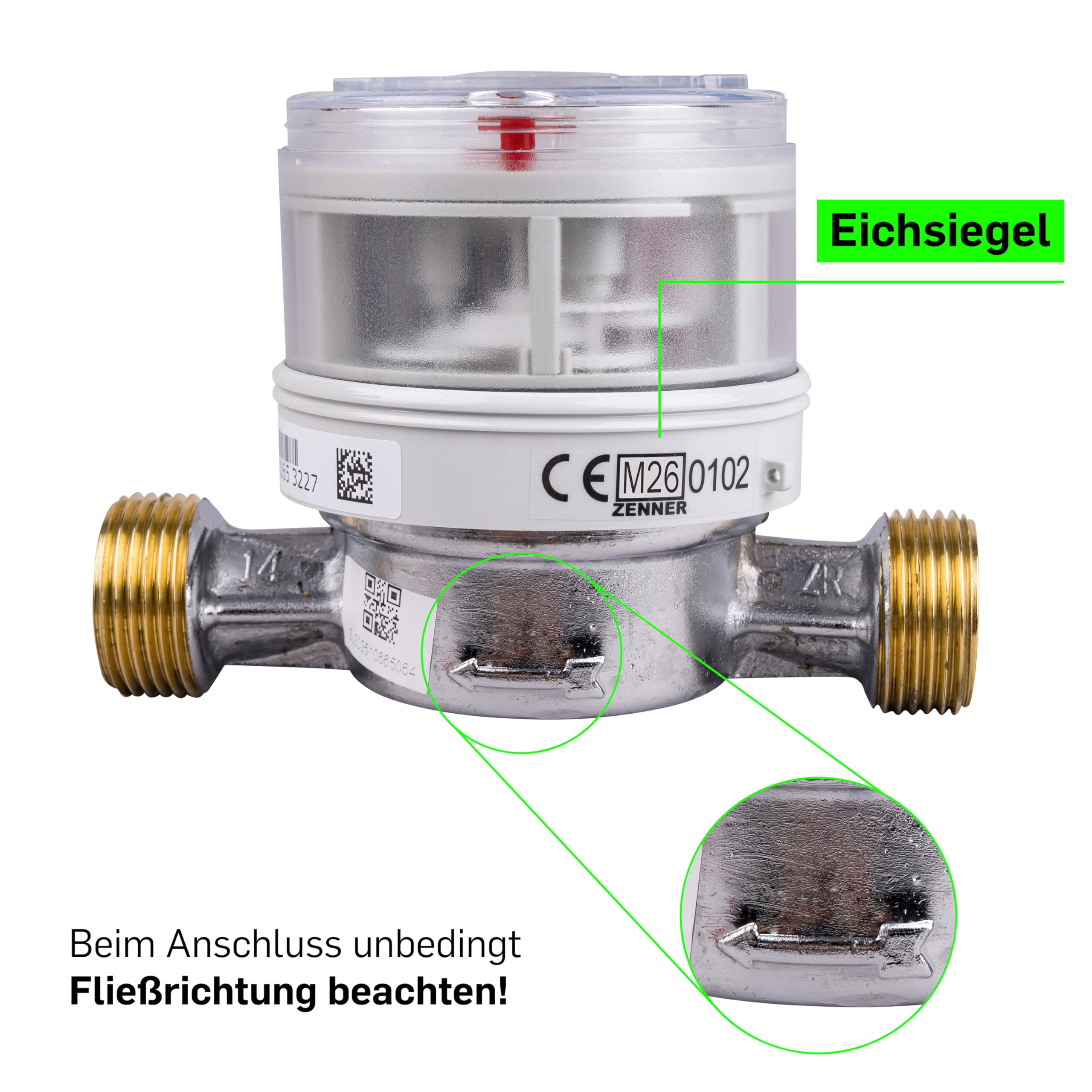 Contador de agua de Zenner Q3 = 2,5 para agua fría + caliente, BL 110 mm, 3/4 pulgadas de conexión/calibrado 2026 con la marca "CE M26 0102" lateralmente en el contador.