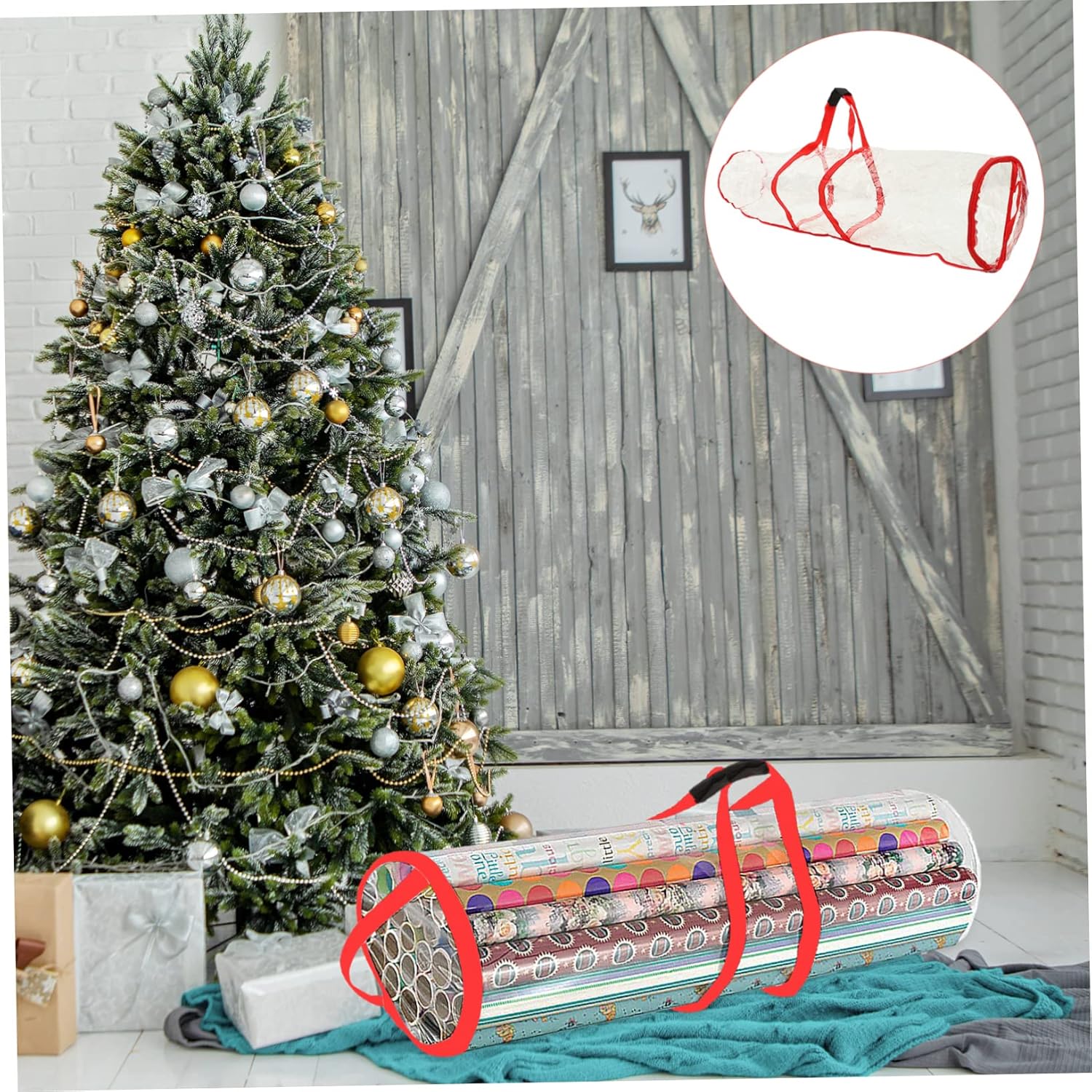 Xmas Wrap Storage Container Bag Decoration Paper Organizer for Christmas Sturdy Handles Space-Saving Design Versatile Wrap Holder