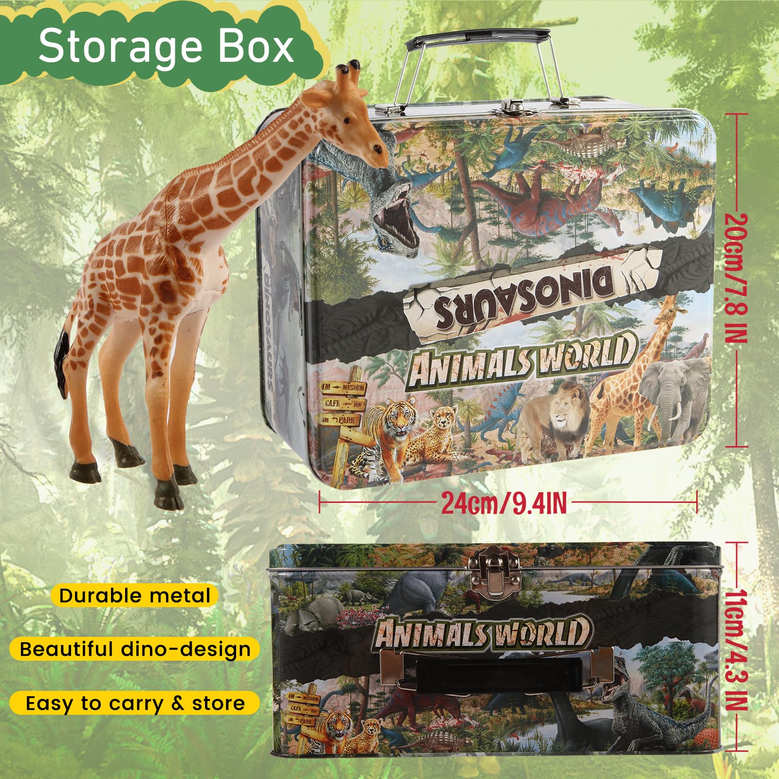 Tubasaya Set di 30 figure di animali safari, giocattoli per bambini, 15,2 cm, realistici, Jumbo Wild Zoo, set da gioco in plastica con scatola portaoggetti in metallo, set da gioco educativo per