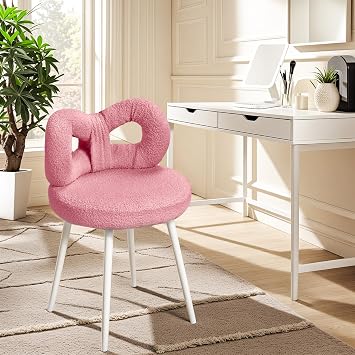 Vanity Chair Stool with Bowknot Backrest Living Room Women Girls Bedroom Makeup Chairs Adjustable Foot Pads Armless Dressing Chair Cute Makeup Chairs for Bedroom Living Room Pink