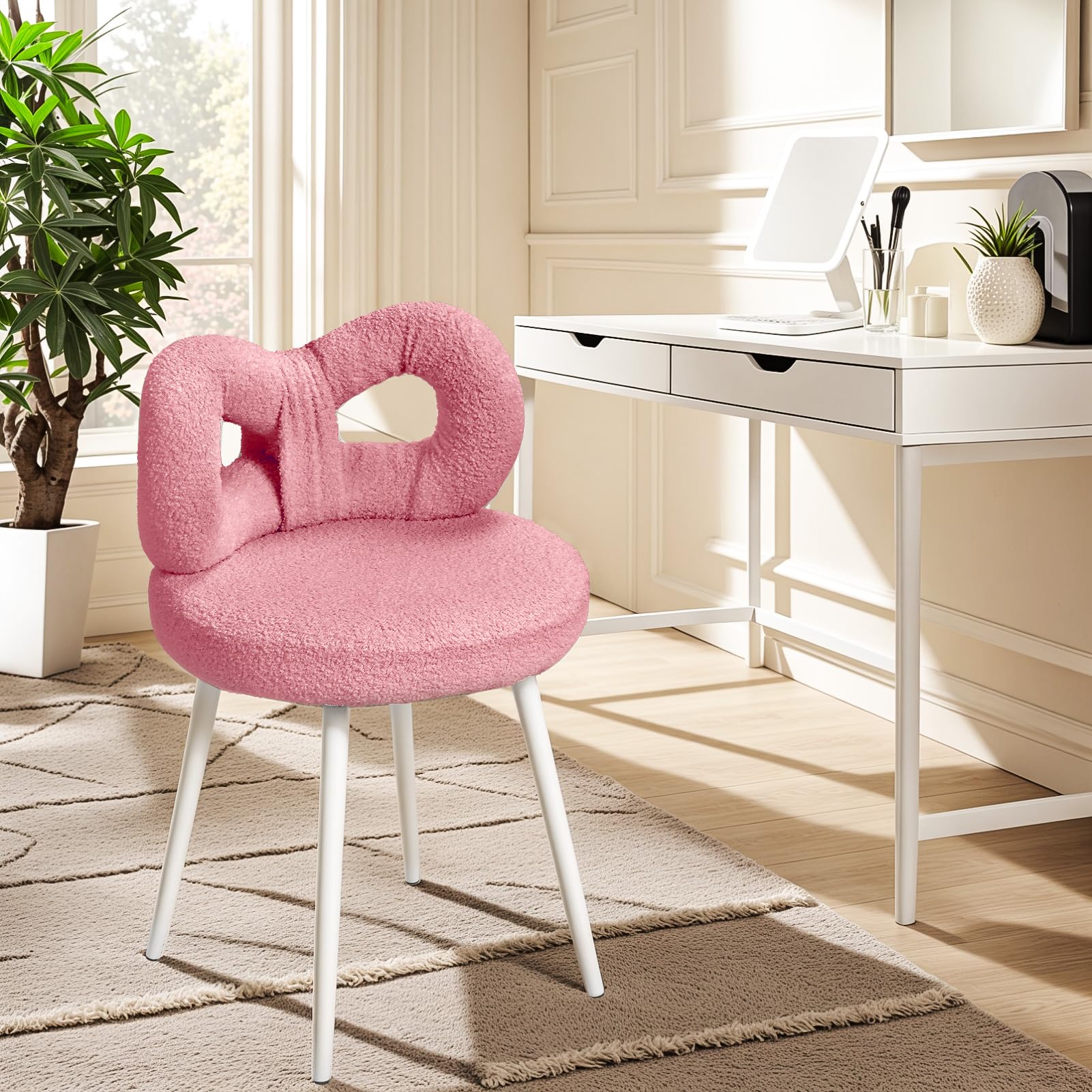 Tabouret de coiffeuse avec dossier en nœud - Chaise de bureau avec dossier pour femmes et filles - Chaise de maquillage - Pieds réglables - Siège de coiffeuse sans accoudoirs