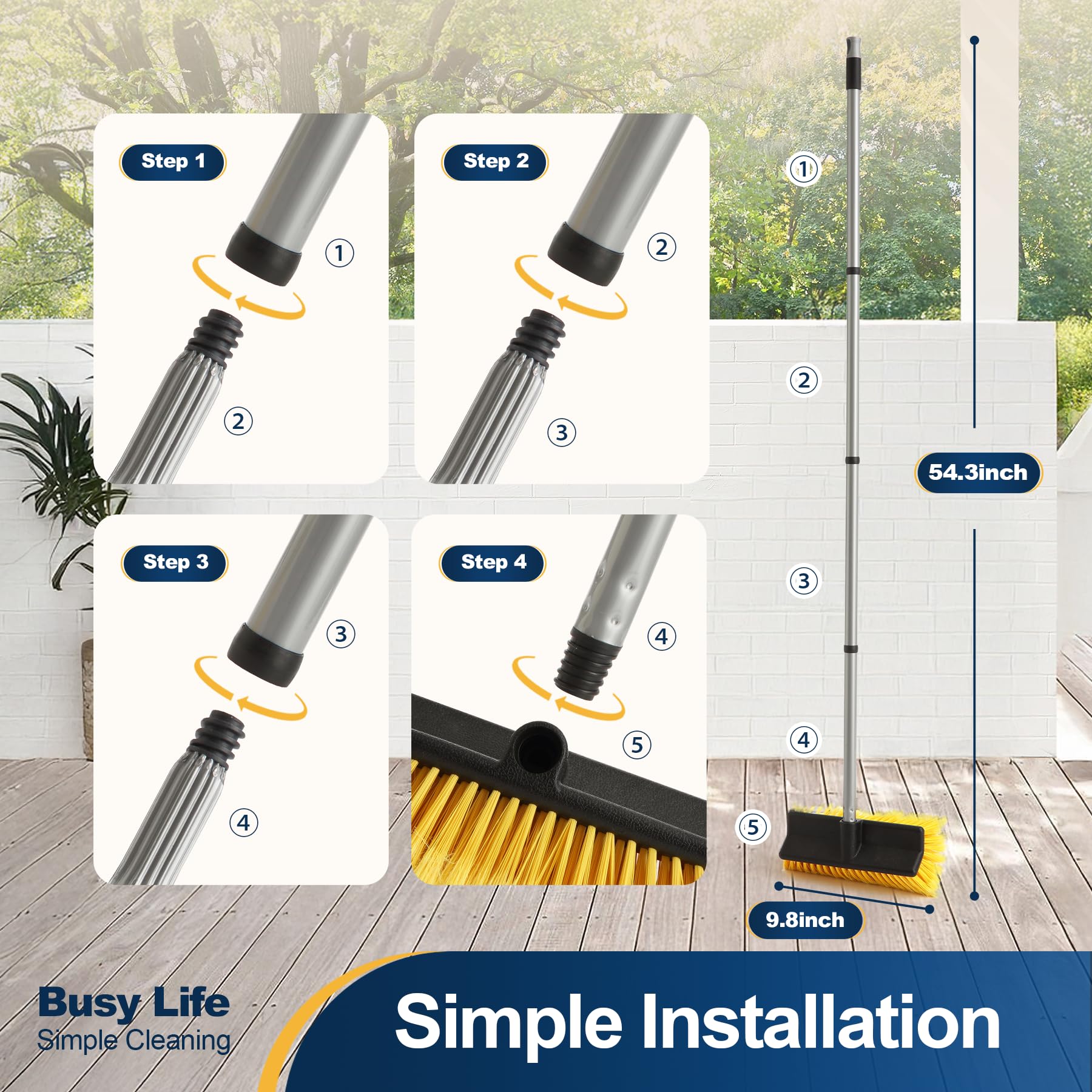 Yocada Spazzola per pavimenti con manico estensibile a 4 sezioni, setole morbide e medie, impugnatura antiscivolo, per esterni, patio, bagno, garage, pulizia del calcestruzzo, 140 cm