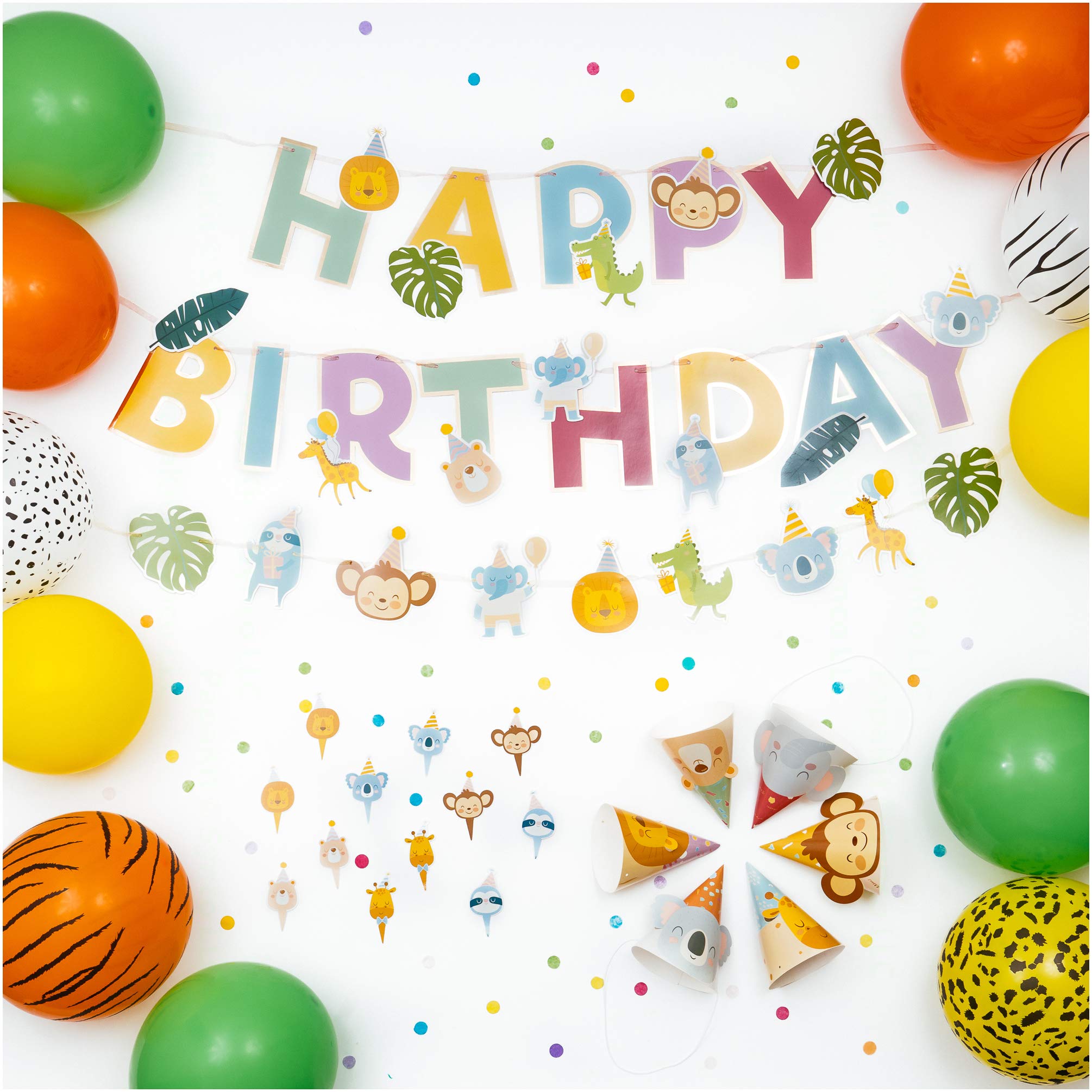 PapaKit Cute Zoo Animals Birthday Party Decoration Kit (Bunting Banners, Cupcake Toppers, Party Hats, Die Cuts and Assorted Balloons)