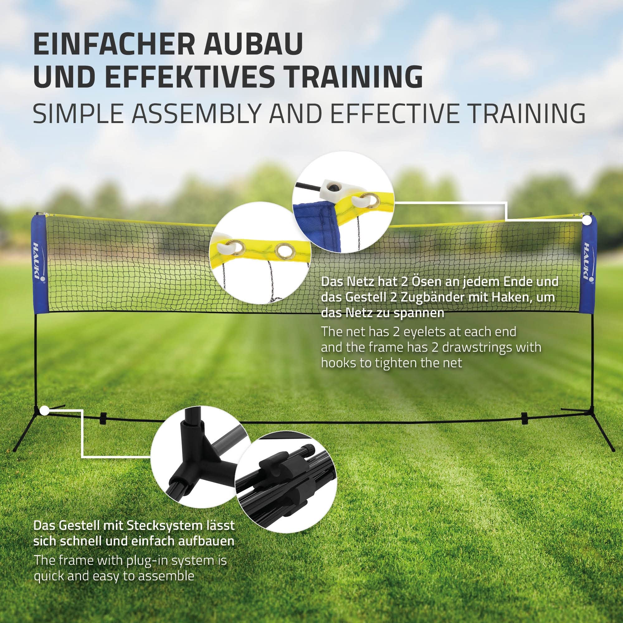 Hauki Badminton Netz, Tennisnetz 400cm/500 cm, Schwarz/Blau, H156 cm, Federballnetz Set, 3x Federball, Transporttasche, stabilem Eisen-Gestell, Tragbares Volleyballnetz, Trainingsnetz Indoor & Outdoor