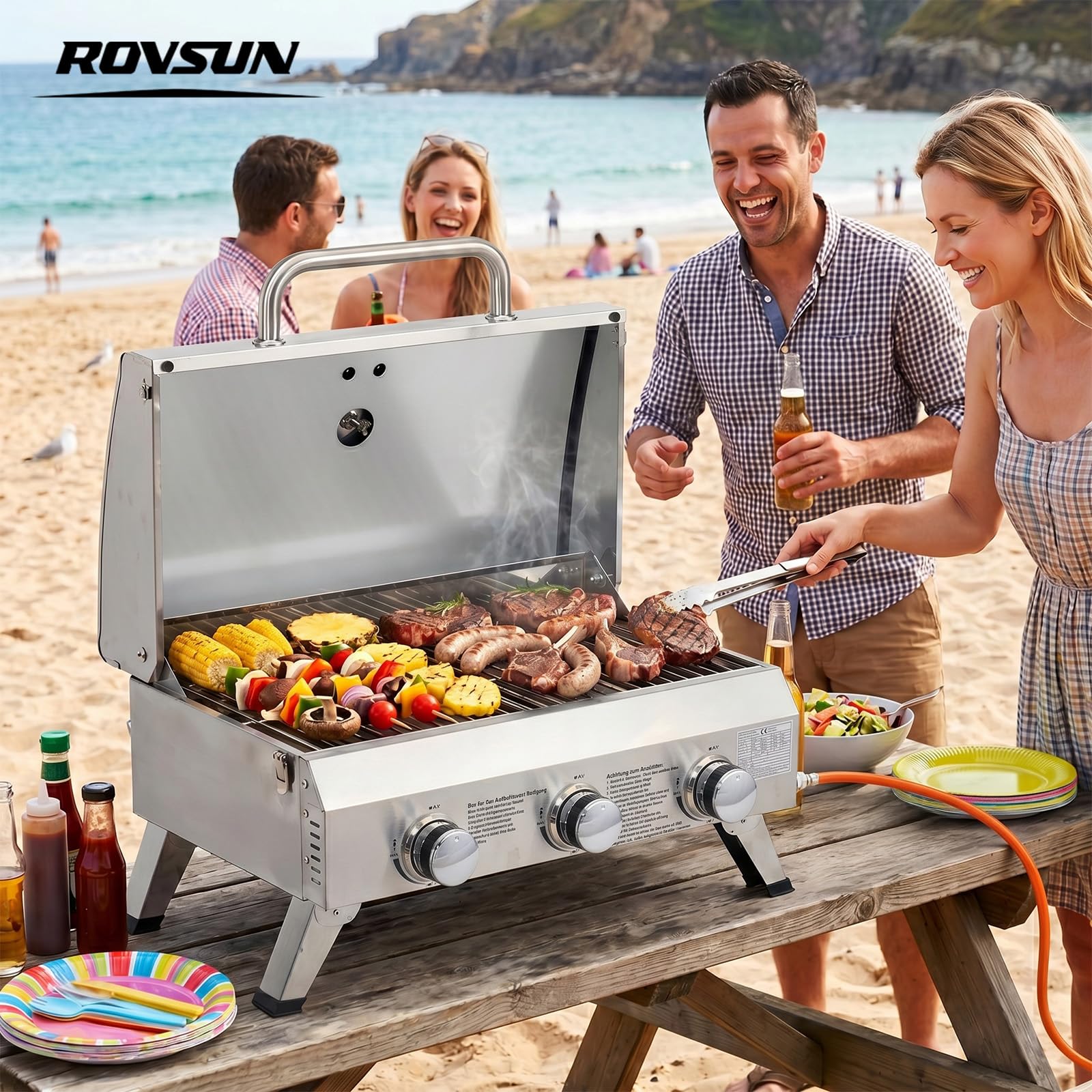 ROVSUN 6,6 kw Gasgrill mit 3 Brenner Gasgrill Camping mit Deckel & Thermometer 61x43x40 cm, Tischgrill für Hinterhof, Terrasse, Camping, Strand & Picknick