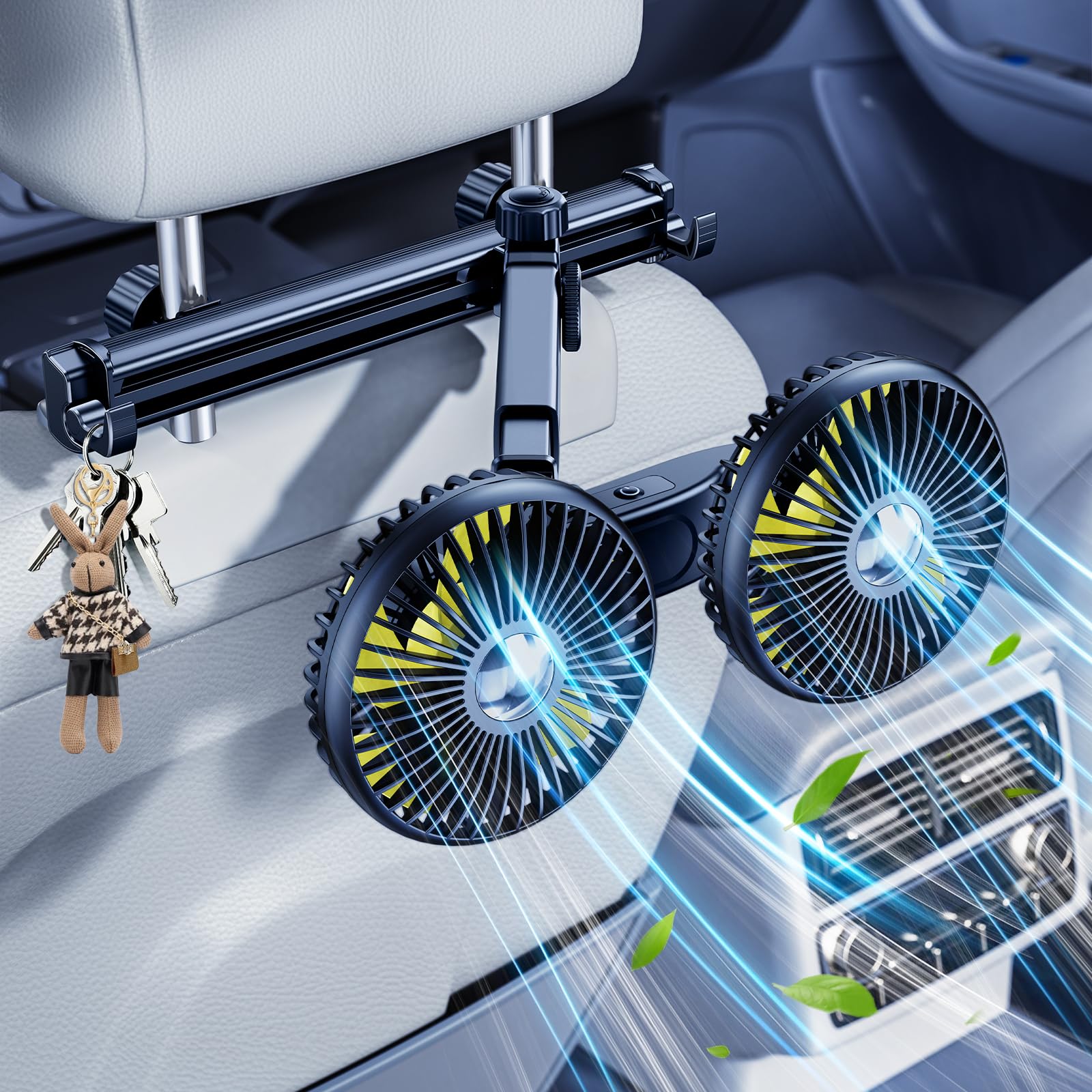 Dual Head Car Cooling Fans for Backseat kids with Long Arm, 2000mAh Battery Powered Rechargeable Car Back Seat Headrest Fan for Baby Dog Rear Facing 12V Car Accessories for Sedan Suv Rv Truck