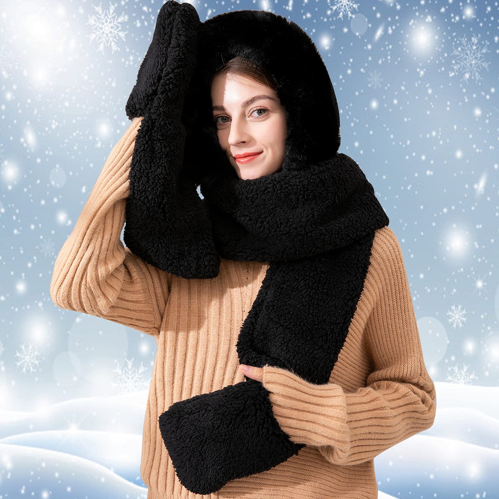 keyaway Invernali Sciarpe Cappello Guanti Donna, 3 In 1 Caldo Sciarpa con Cappuccio Tasche Earflap,Guanti caldi del cappello per donne (nero)…