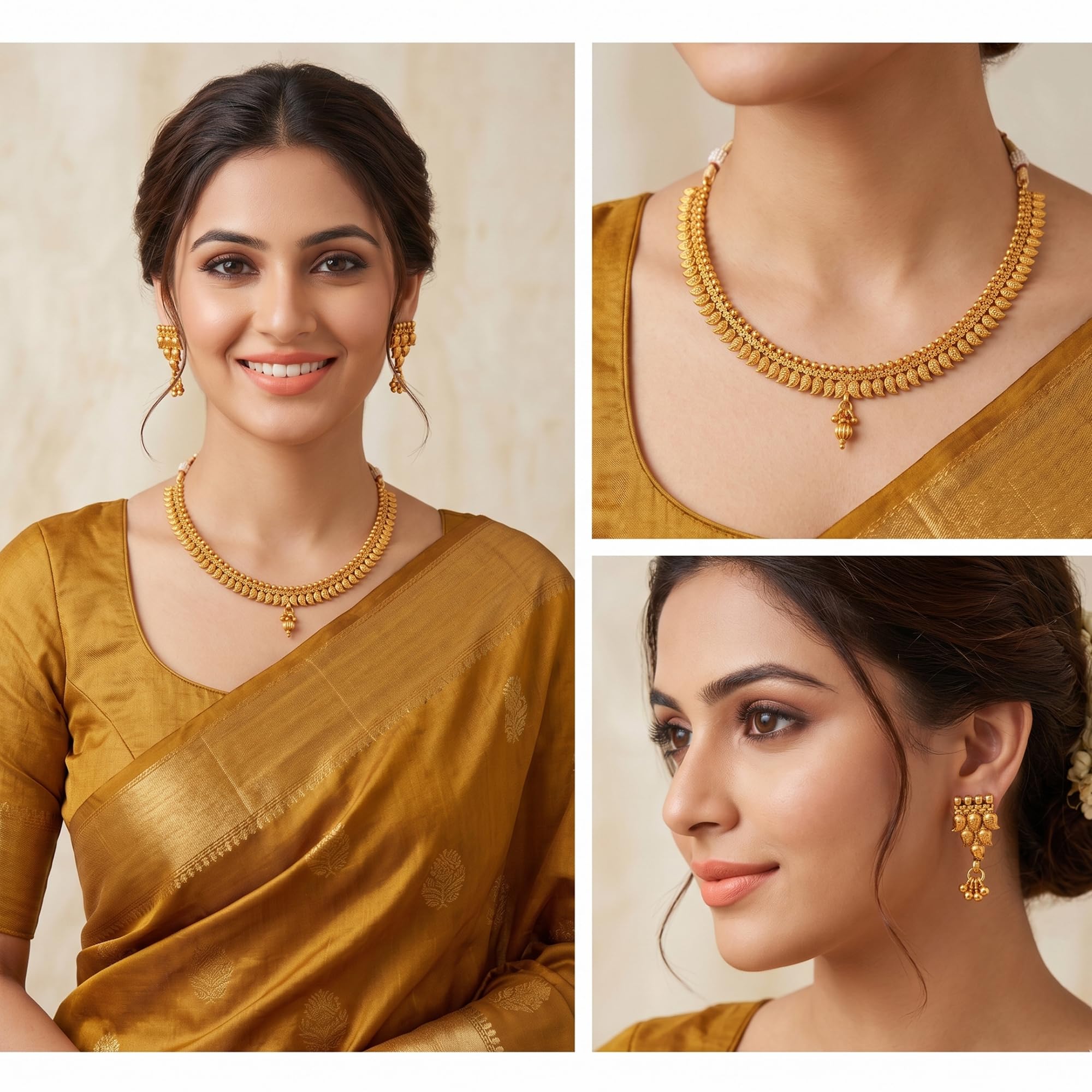 JFL - Jewellery for Less raditional One Gram Gold Plated Maharashtrian Style Mango Design Necklace Set for Women & Girls | Ethnic Choker Necklace with Matching Earrings | Temple Design Bridal Jewellery Set for Wedding, Festival & Party 3