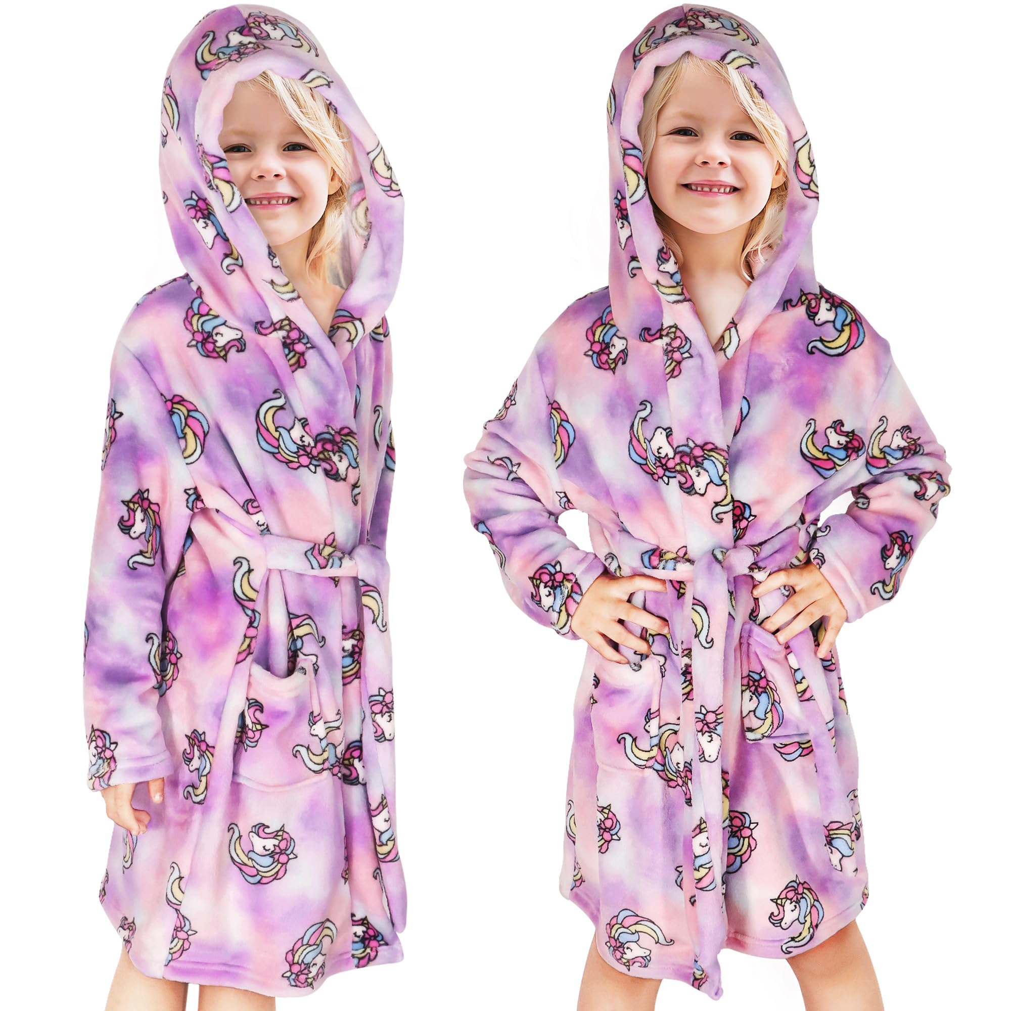 Bademantel Kapuze Kinder Morgenmantel Flanell Nachtwäsche Robe Frottee Lange Ärmel Weiche Schlafoveralls Bademantel Pyjama Taillengürtel Netter Tier Muster für Mädchen Junge Alter 1-7 Jahre
