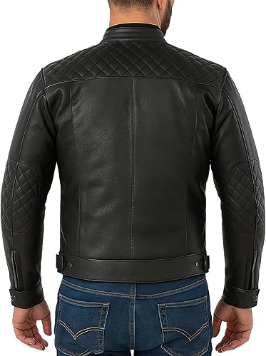 Miniatura 5 de LP-FACON Chaqueta de cuero para motocicleta con insignias vintage para hombre, chaqueta acolchada con armadura de rayas retro  Chaqueta de cuero