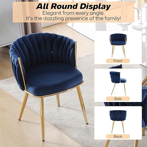 Miniatura 9 de Juego de 2 sillas de comedor tejidas de terciopelo, modernas sillas de comedor tejidas a mano con patas de metal dorado, sillas tapizadas con marco