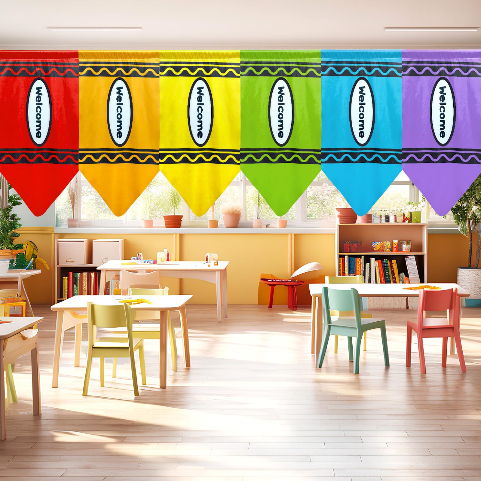 6 Pcs Classroom Rainbow Curtains Decorations Back to School Colorful Crayon Curtains Classroom Supplies First Day of School Crayon Shaped Decors for