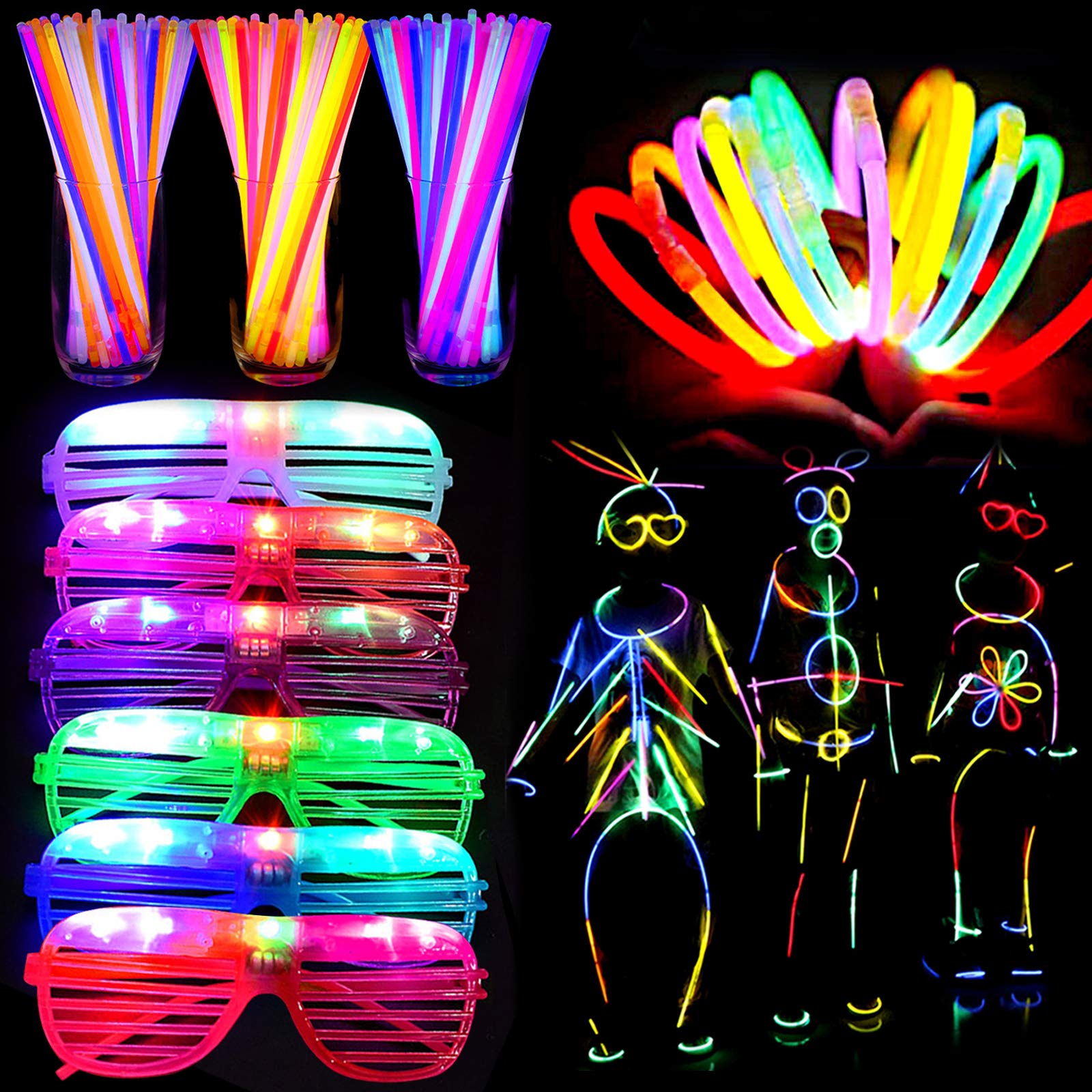Photo 1 of 120 Pack Glow Sticks Halloween Party Favors LED Light Up Toy Glow in The Dark for Kid/Adult with 100 Glow Stick Necklaces Bracelets 20 Shutter Shades Glasses Birthday Carnival Halloween Party Supplies 120 20 Led Glasses + 100 Glow Sticks