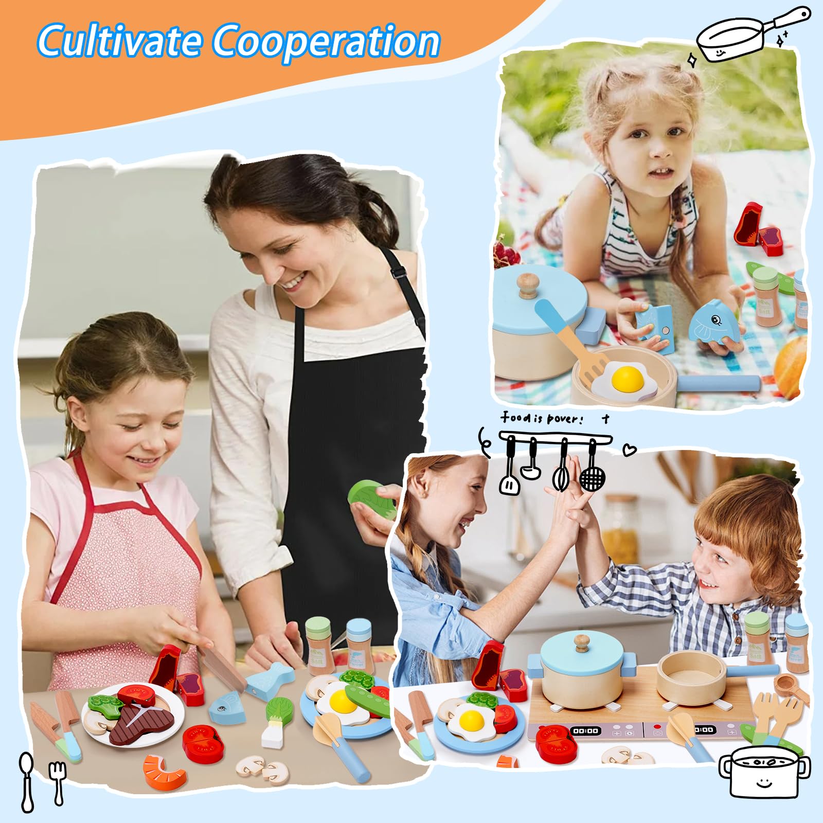 Accessoire Cuisine Enfant, Bois Pots Casseroles Jouet et Cuisine Enfant Fruits et Légumes à Découper, Chef Jeu de Rôle Éducatifs pour Filles Garçons 3-6 Ans, Cadeau Parfait pour Noël et fête