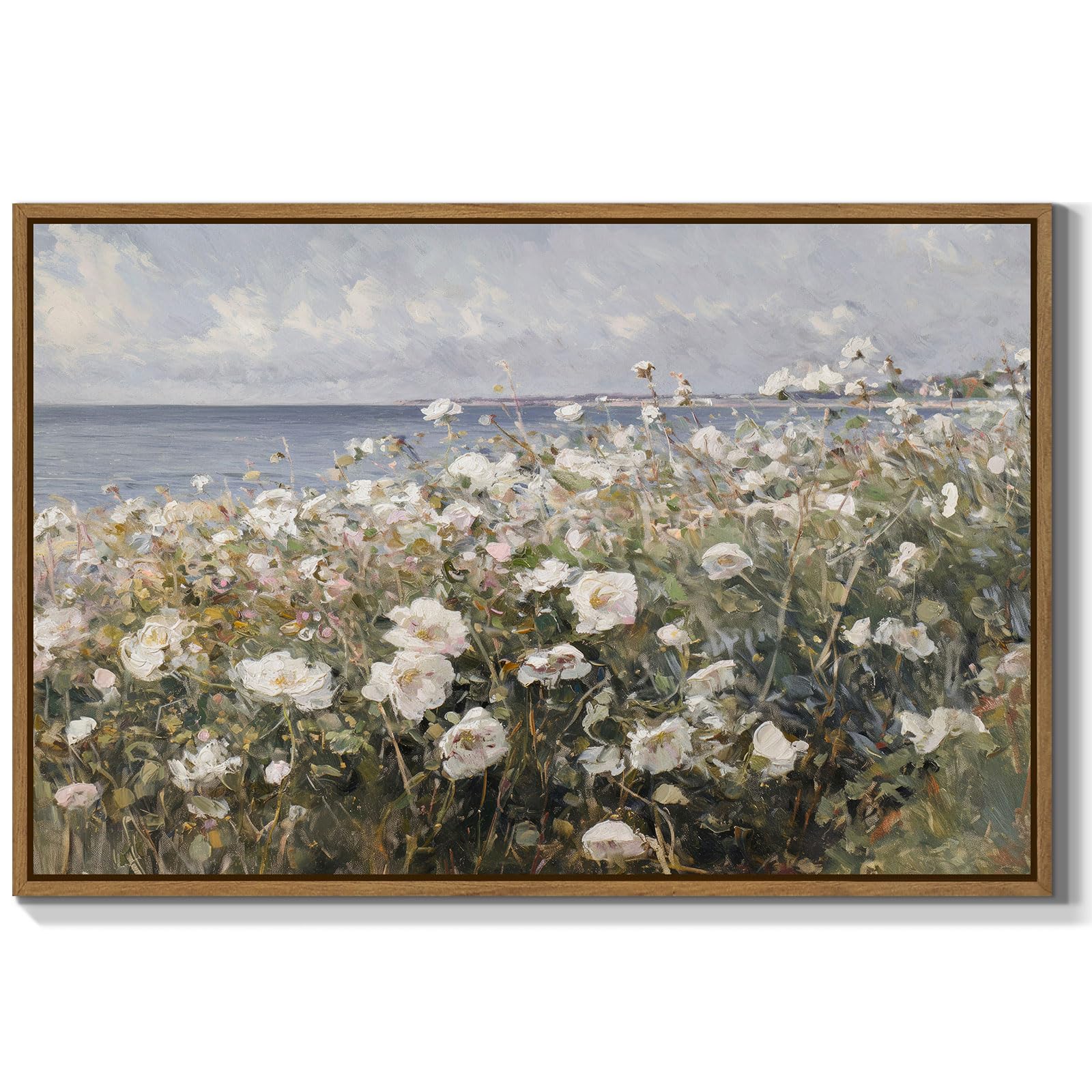 Framed Landscape Wall Art Blue Ocean Theme White Flower Pictures Wall Decor Abstract Floral Painting Prints Modern Seascape Artwork for Living Room Bedroom Bathroom Home Office Decoration, 16''x24''