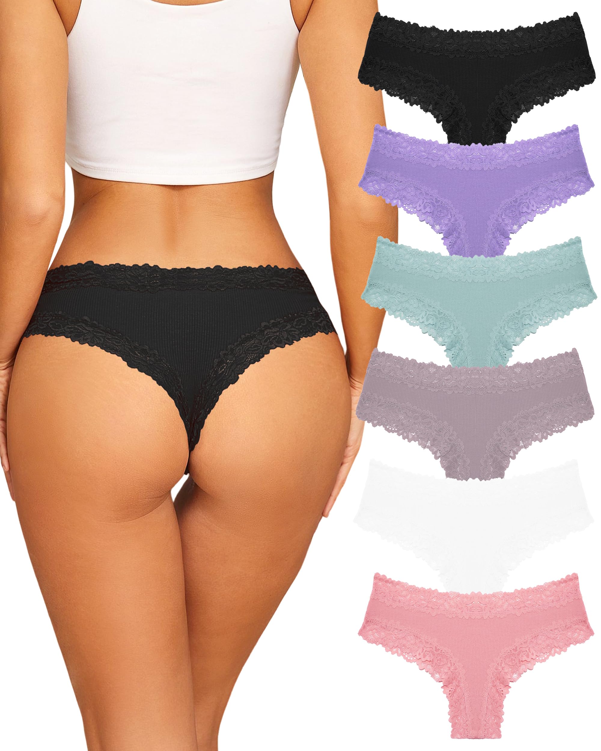 FINETOO Womens Cotton Underwear Sexy Lace Hipster Panties Soft Breathable Cotton Brazilian Bikini Ladies 6 Pack