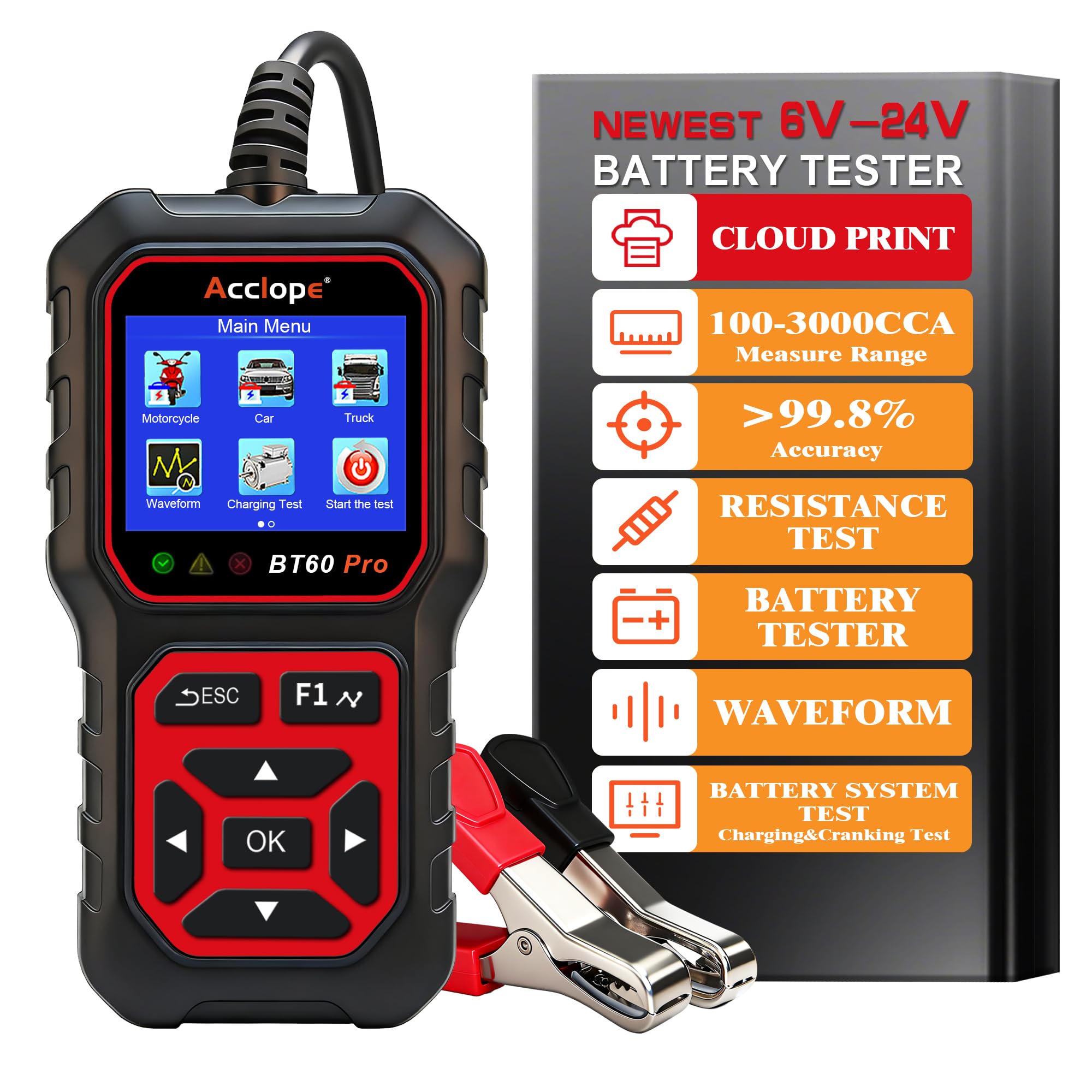 Acclope BT60 PRO Autobatterie Tester, 6V 12V 24V, Digitaler Batterieprüfer für AGM, Lithium, Gel Batterien, mit Cloud-Druck, 100-3000 CCA, für Fahrzeuge und LKWs