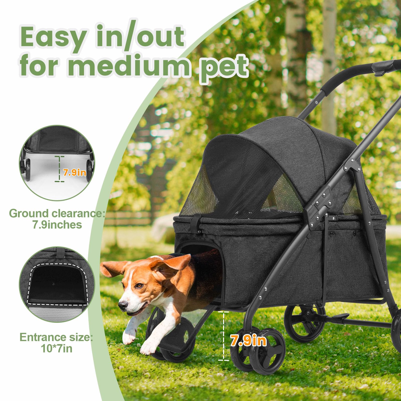 Passeggino da viaggio per cani con 4 ruote resistenti, passeggino pieghevole per animali domestici con maniglia regolabile, doppia capacità per cani di taglia piccola e media (nero)