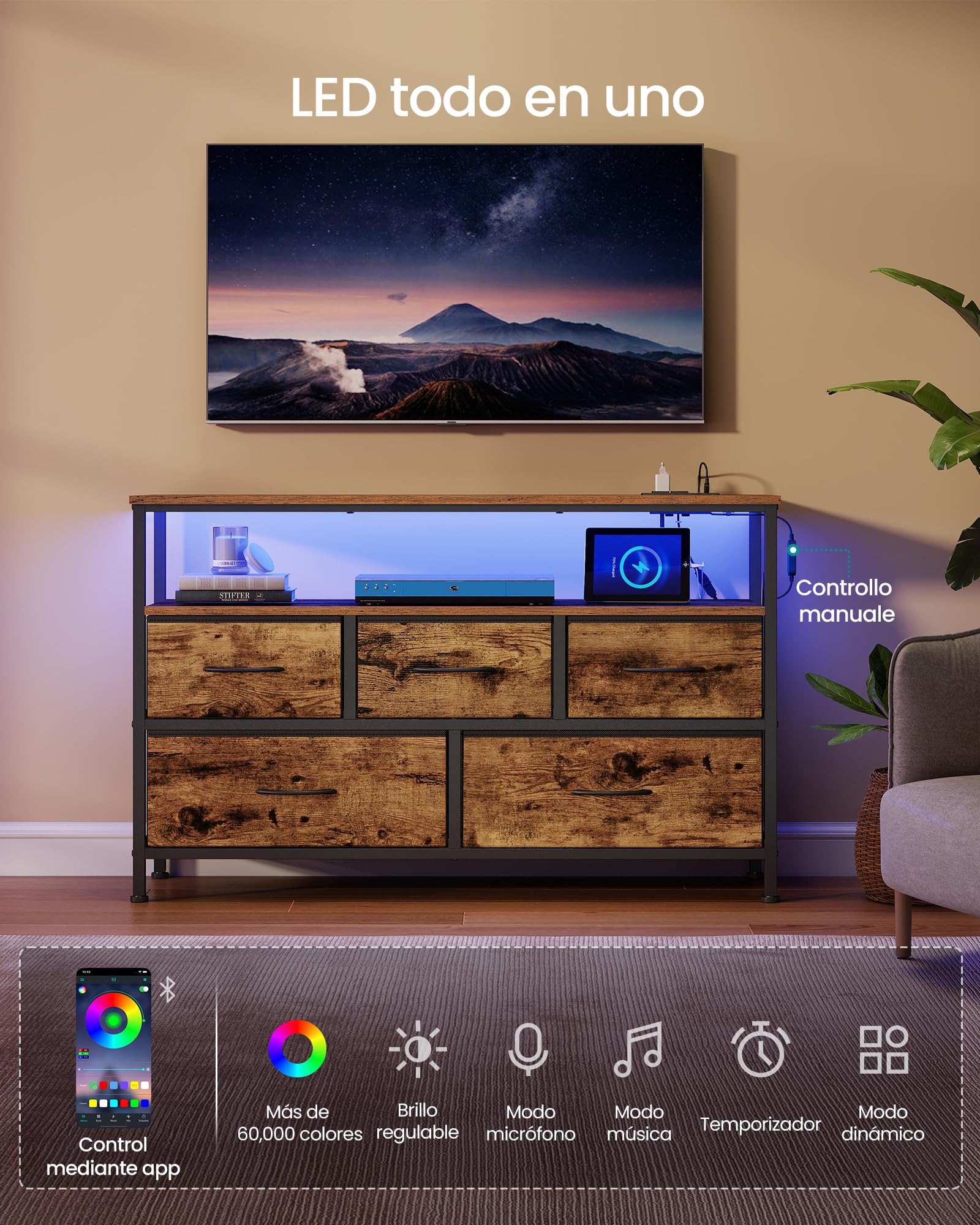 SONGMICS BELLAH Colección – Cómoda para Dormitorio, Mueble de Almacenaje, Iluminación LED Ajustable, Regleta de Enchufes, 1 Estante, 5 Cajones, Industrial, Marrón Rústico y Negro Tinta LGS723KD01