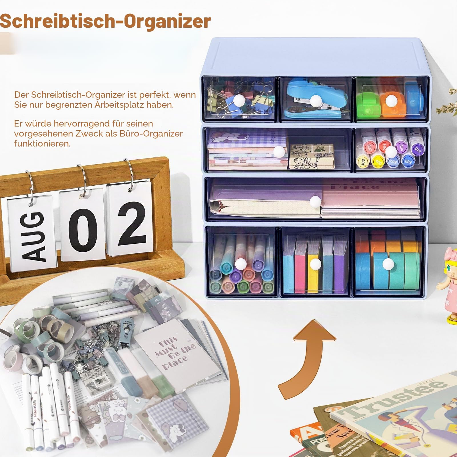 Desk Aufbewahrungsbox mit 9 Schubladen, 4 Lagen stapelbare Lagerung Schubladen für Schreibtisch Lagerung, Klare Veranstalter Anzug für Schreibwaren Make-up Schmuck Büro Craft Supplies (Violett)