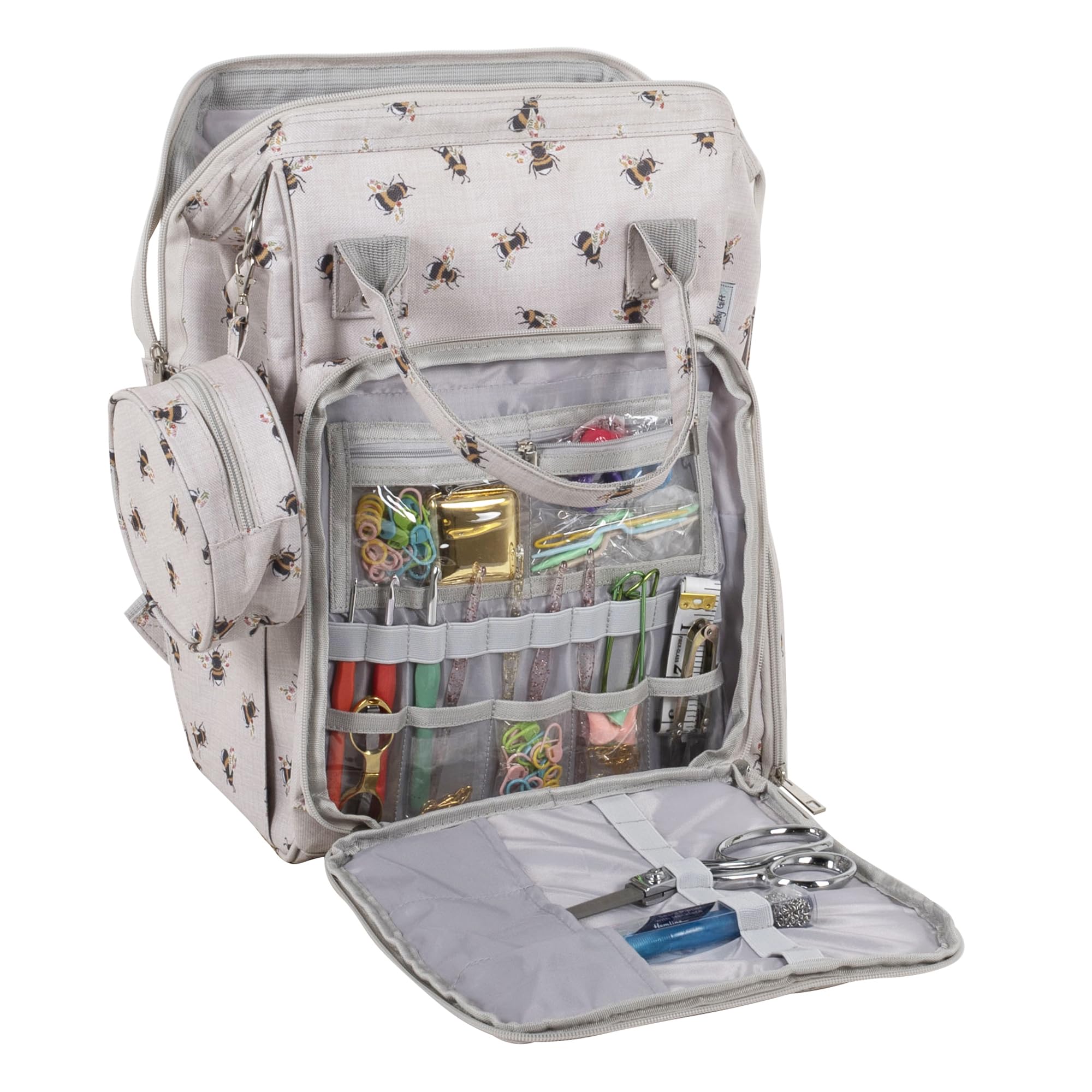 Hobby Gift Plecak Crafters Bee - wytrzymały, wodoodporny plecak do przechowywania włóczki z wieloma przegrodami, panelem organizacyjnym i wzmocnionymi otworami na włóczkę Wygodne, 28x24x43cm