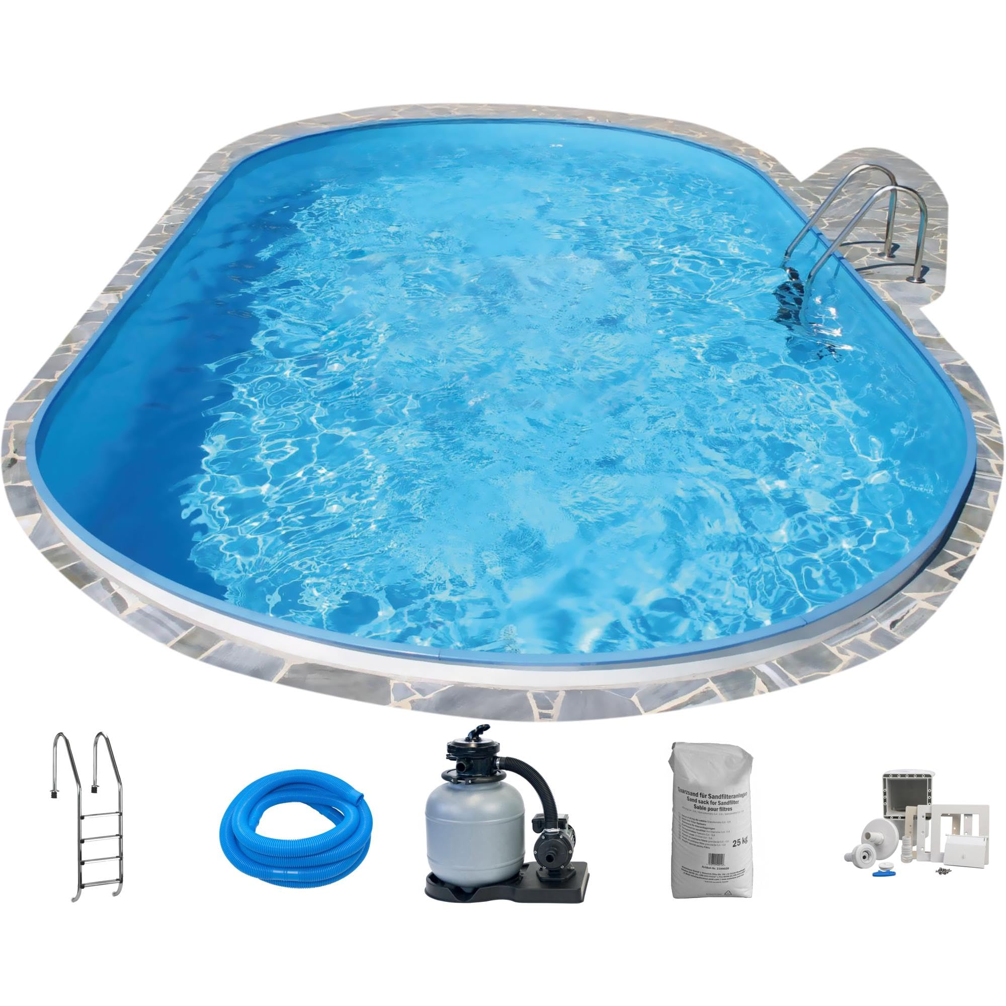Stahlwandpool Set (10-teilig) tief oval Formentera 525x320x150 cm, Stahl 0,8mm weiß Folie 0,6mm blau